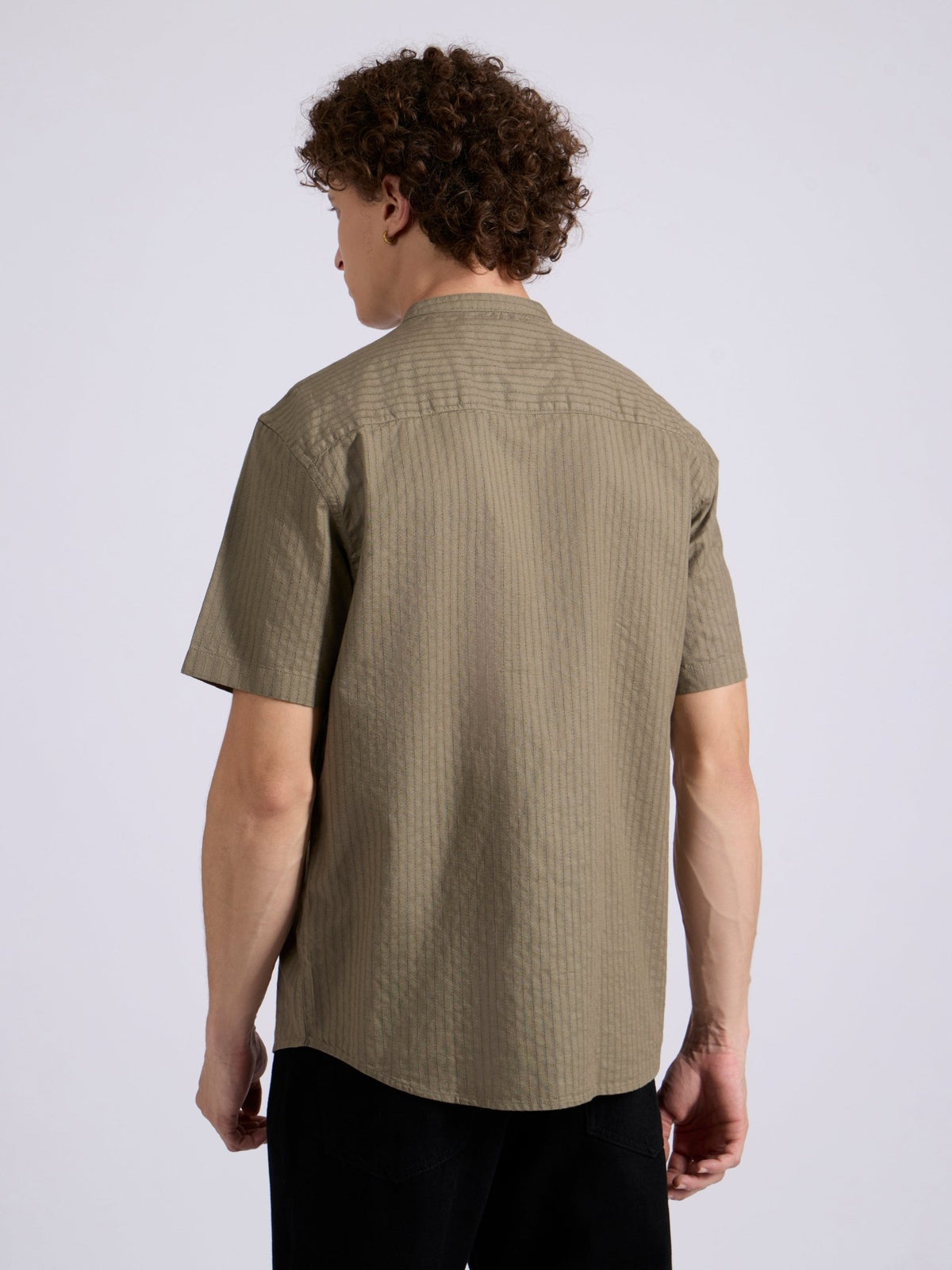 Zabriel - Band Collar Striped Shirt - Olive Brown - Espanshe