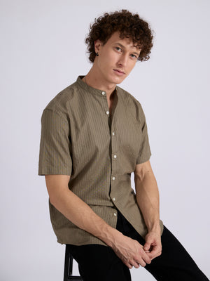 Men's Band Collar Striped Shirt - olive brown
