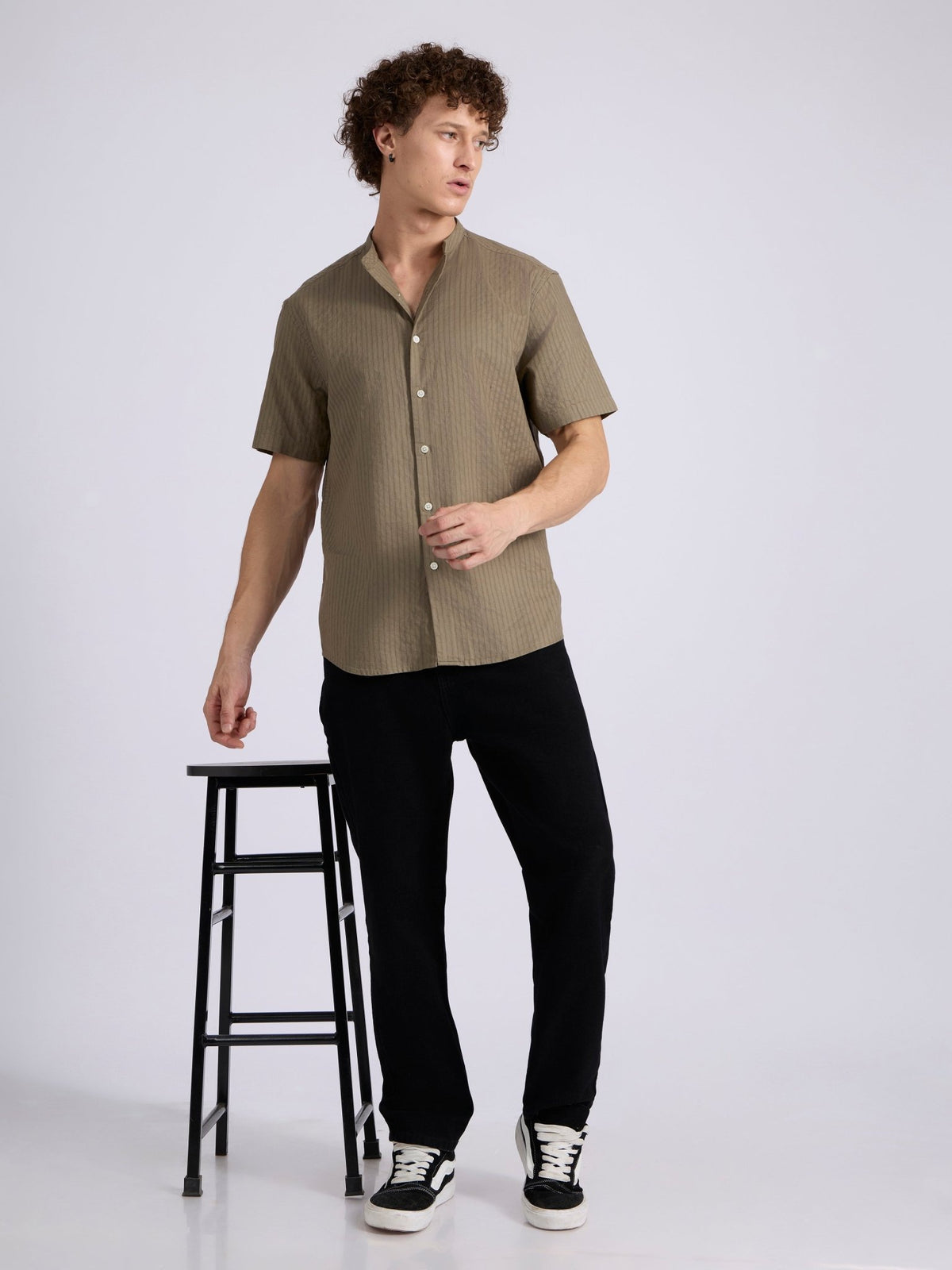 Zabriel - Band Collar Striped Shirt - Olive Brown - Espanshe