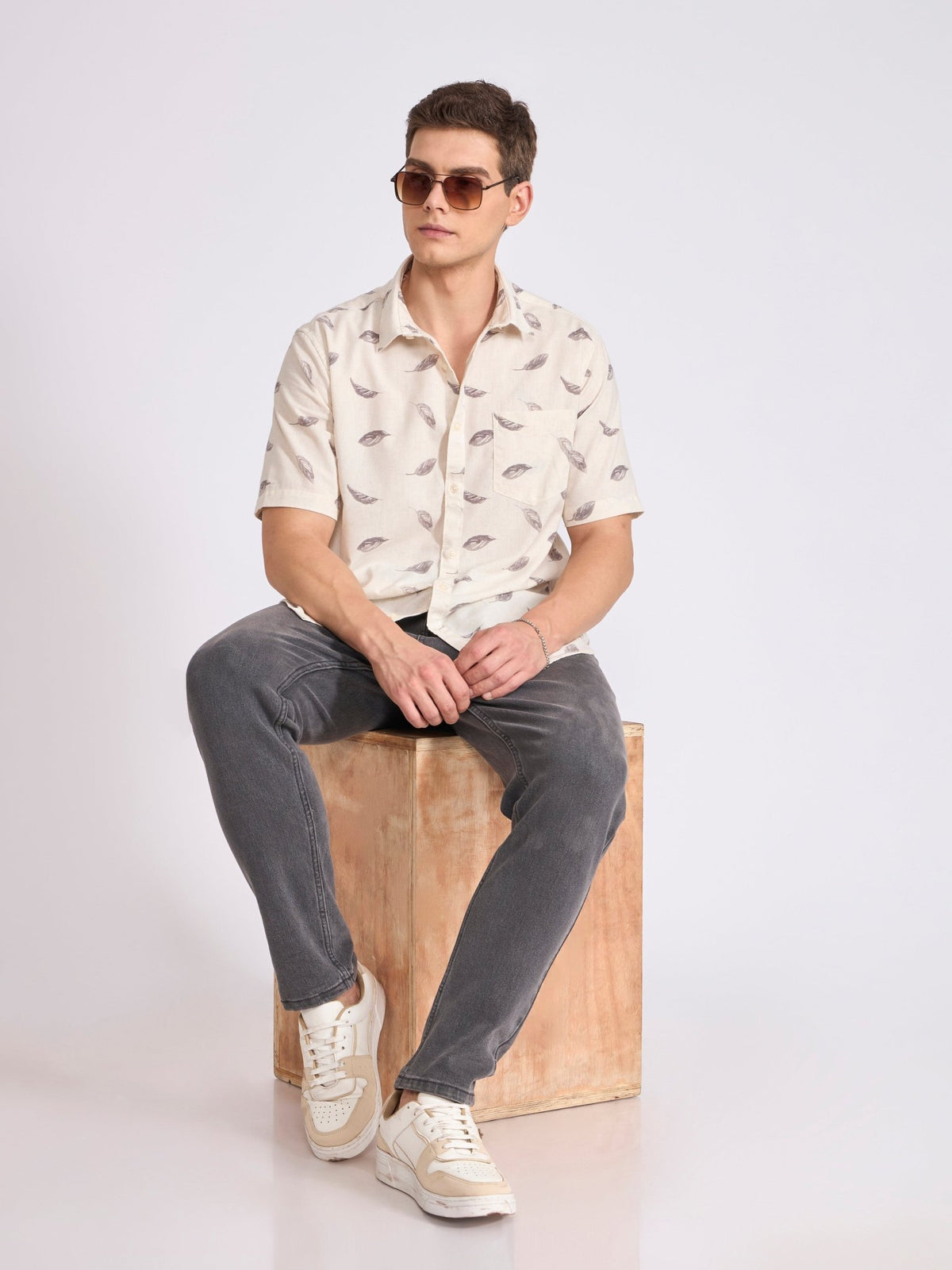 Lucius - Printed Half Sleeve Shirt - Cream - Espanshe