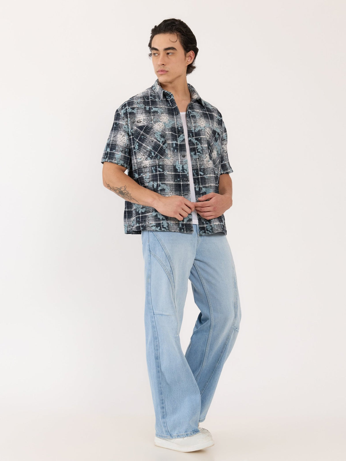 Temito - Oversized Halfsleeve Check Shirt - Blue - Espanshe
