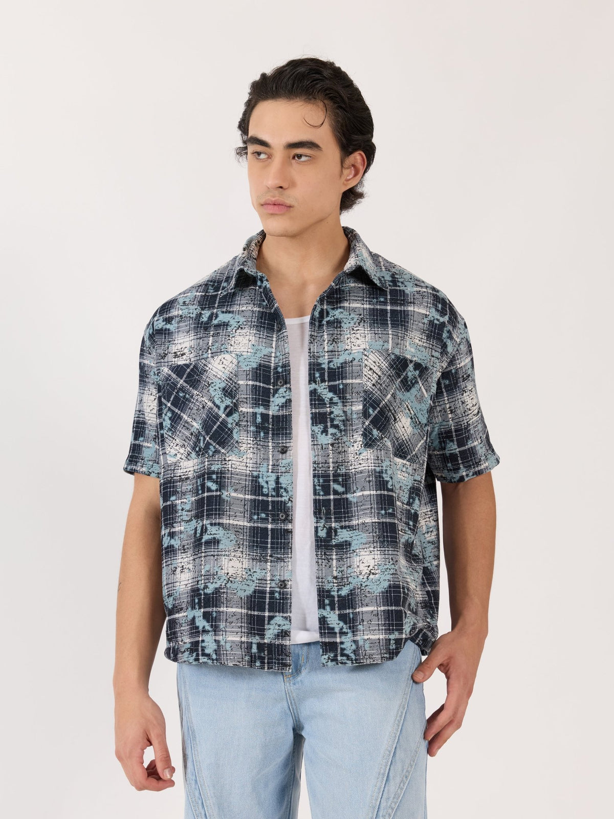 Temito - Oversized Halfsleeve Check Shirt - Blue - Espanshe