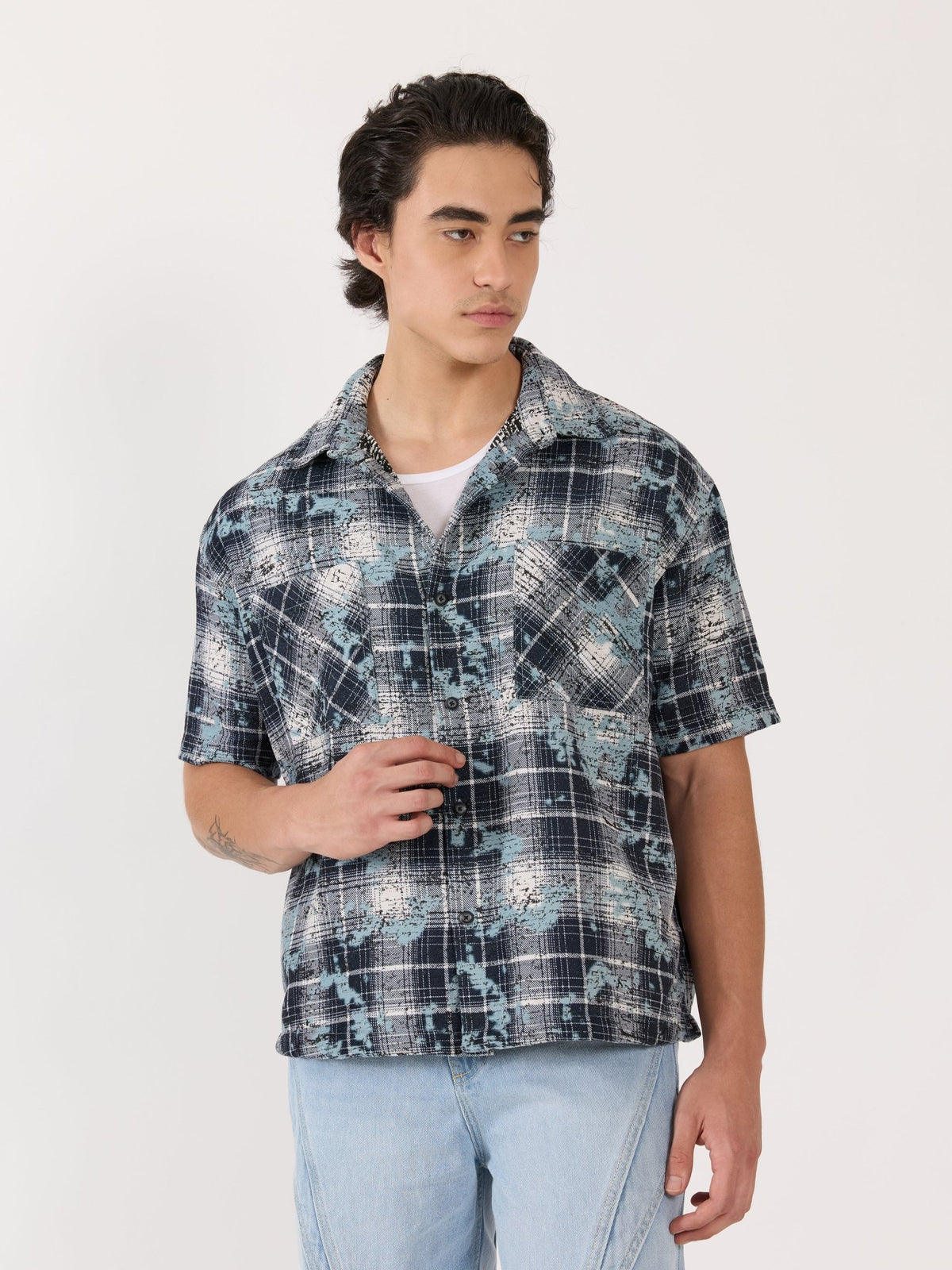 Temito - Oversized Halfsleeve Check Shirt - Blue - Espanshe
