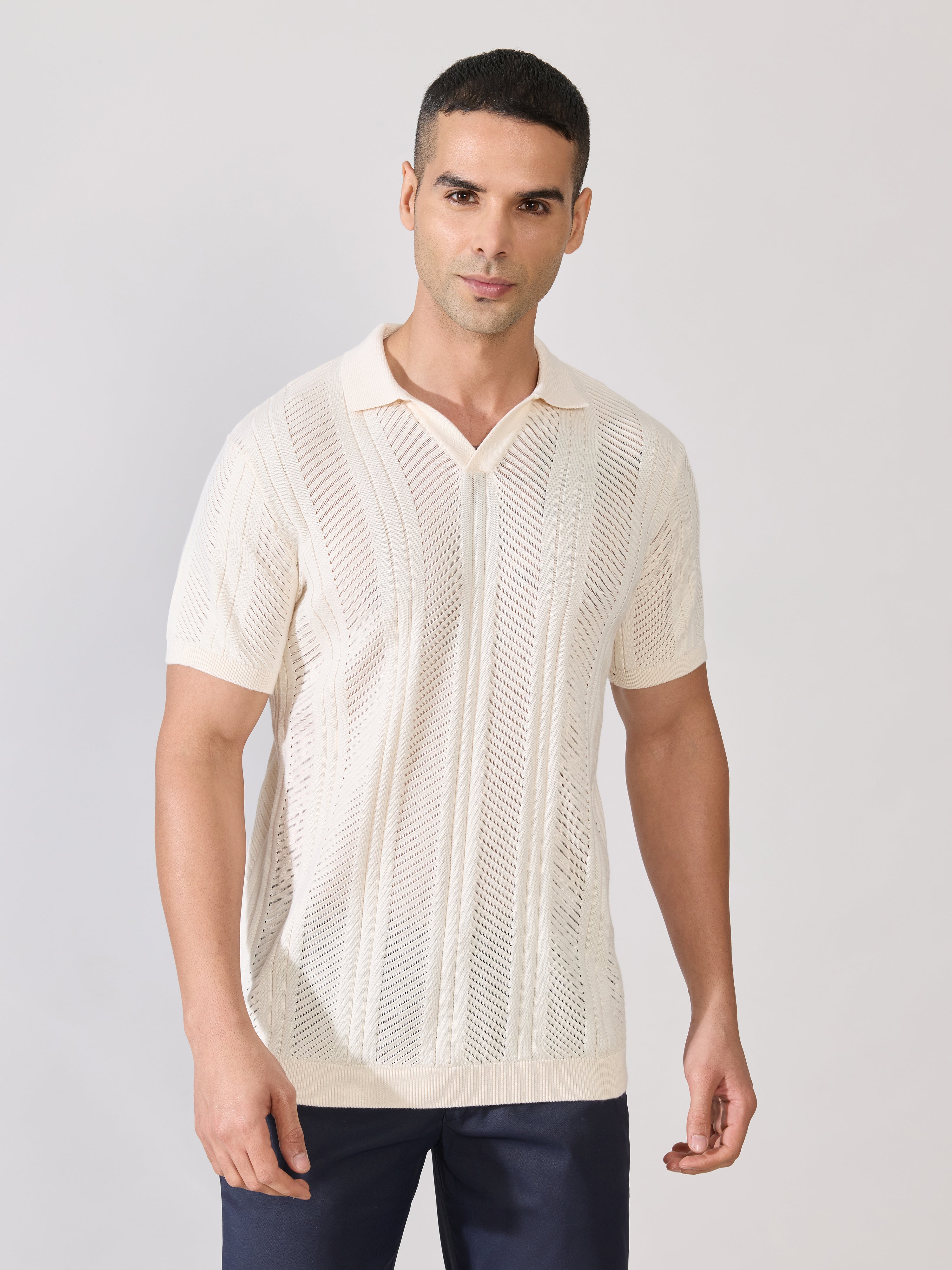 Men's Regular Fit Textured Open Knit Polo T-Shirt in Cream
