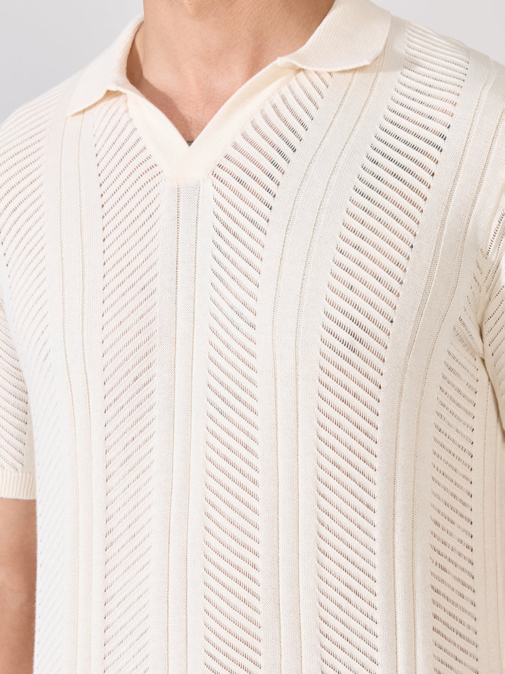 Men's Regular Fit Textured Open Knit Polo T-Shirt in Cream