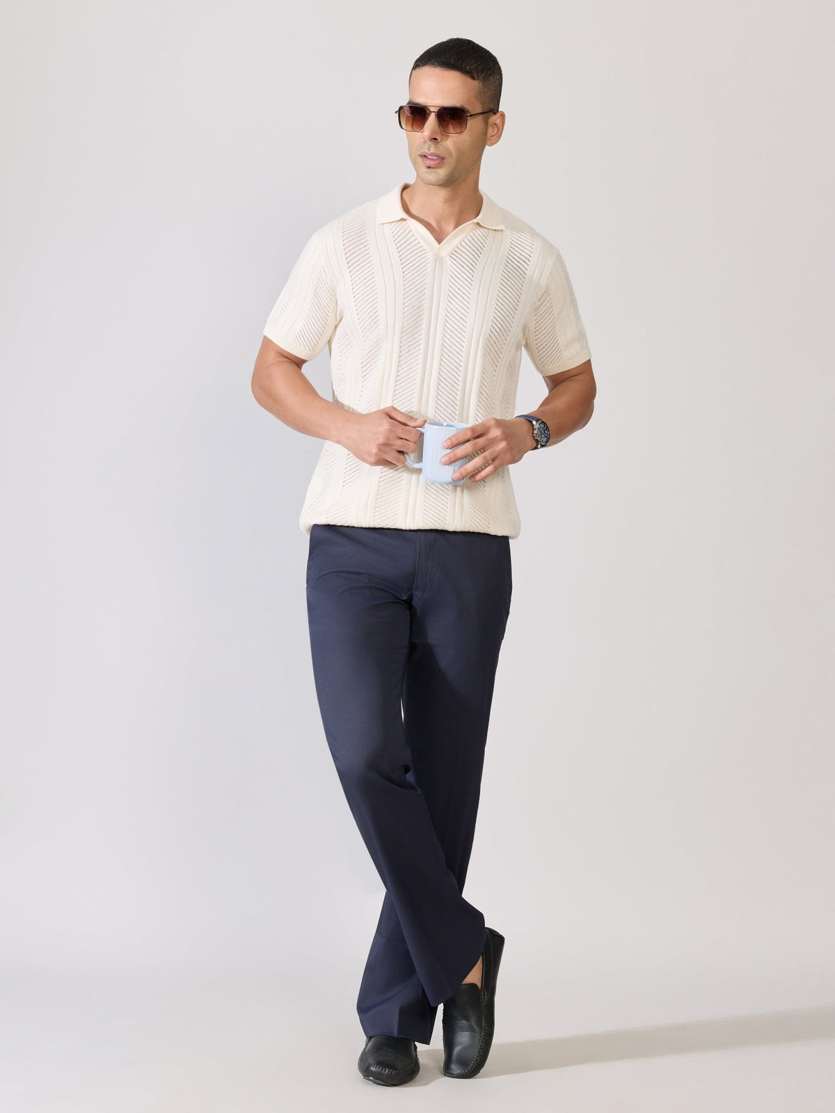 Kikeos-3 - Regular Fit Textured Open Knit Polo T-Shirt - Cream - Espanshe