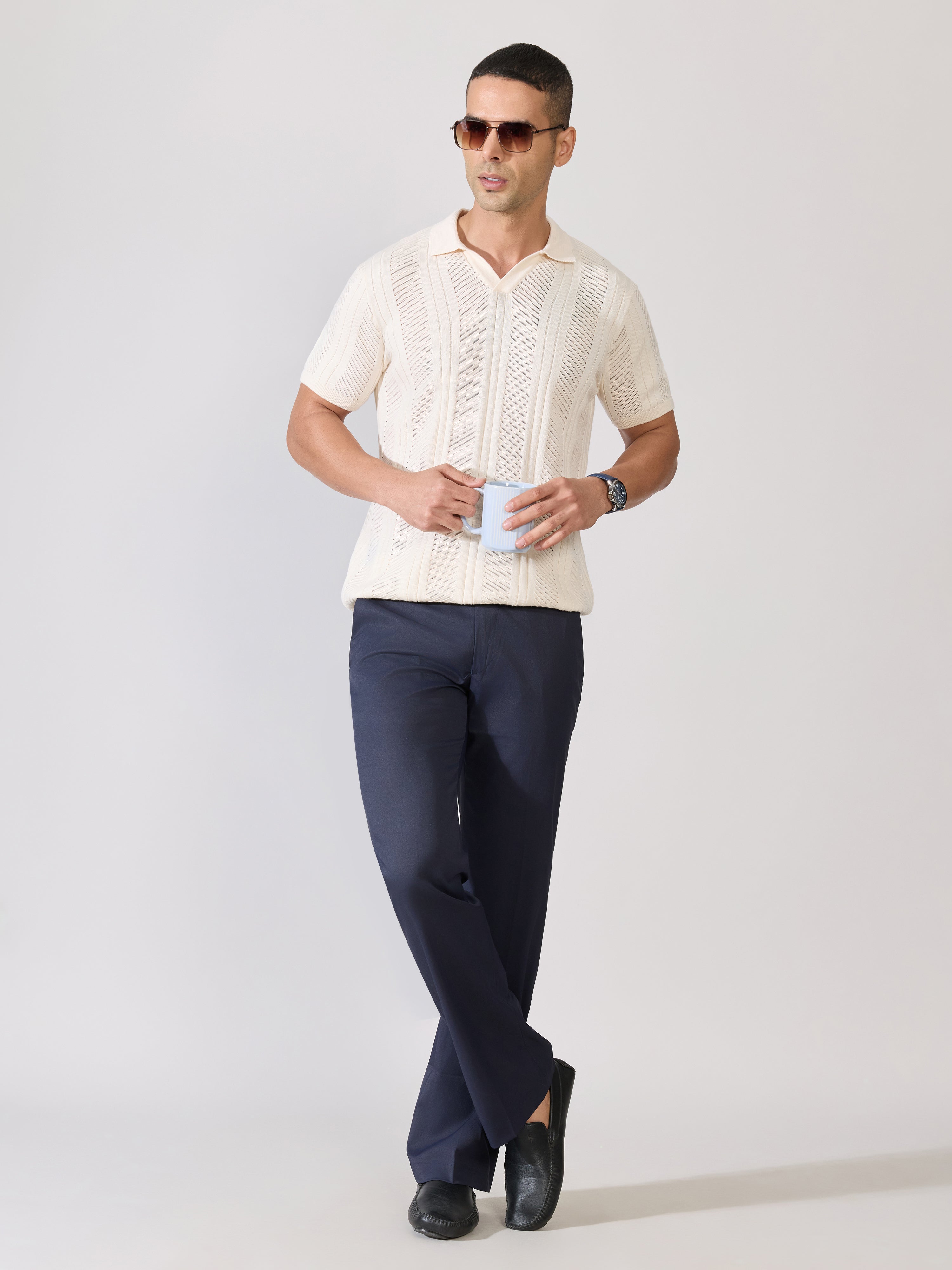 Men's Regular Fit Textured Open Knit Polo T-Shirt in Cream