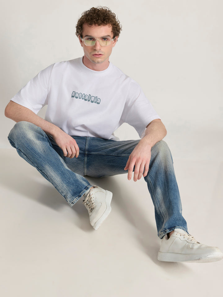 Men's Printed White Baggy T-Shirt