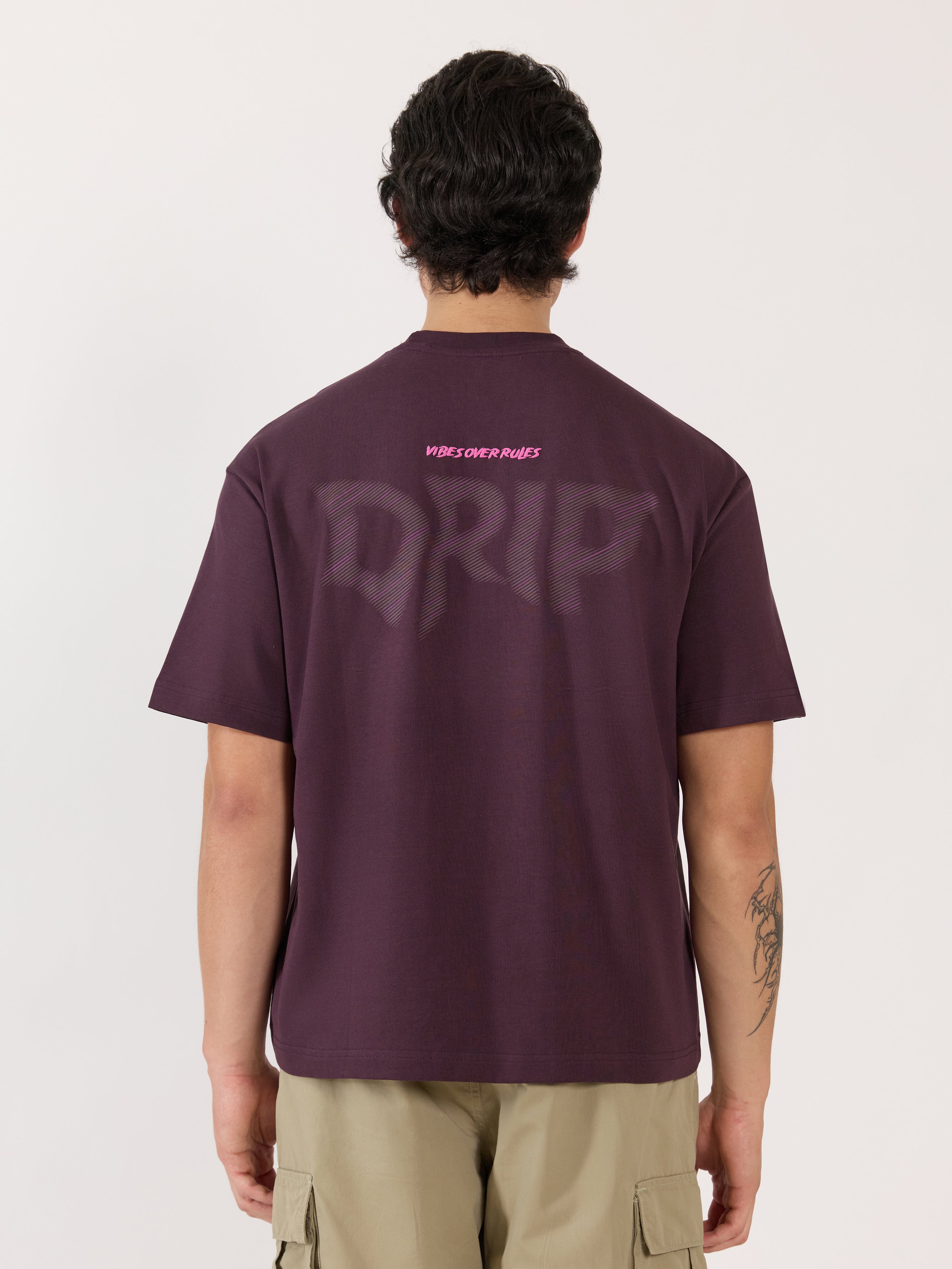 Men's Printed Dark Plum Loose Fit T-Shirt