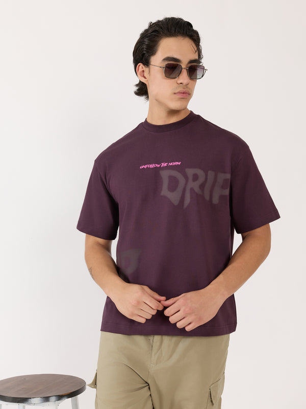 Sheldon - Drip Printed Dark Plum Loose Fit T-Shirt