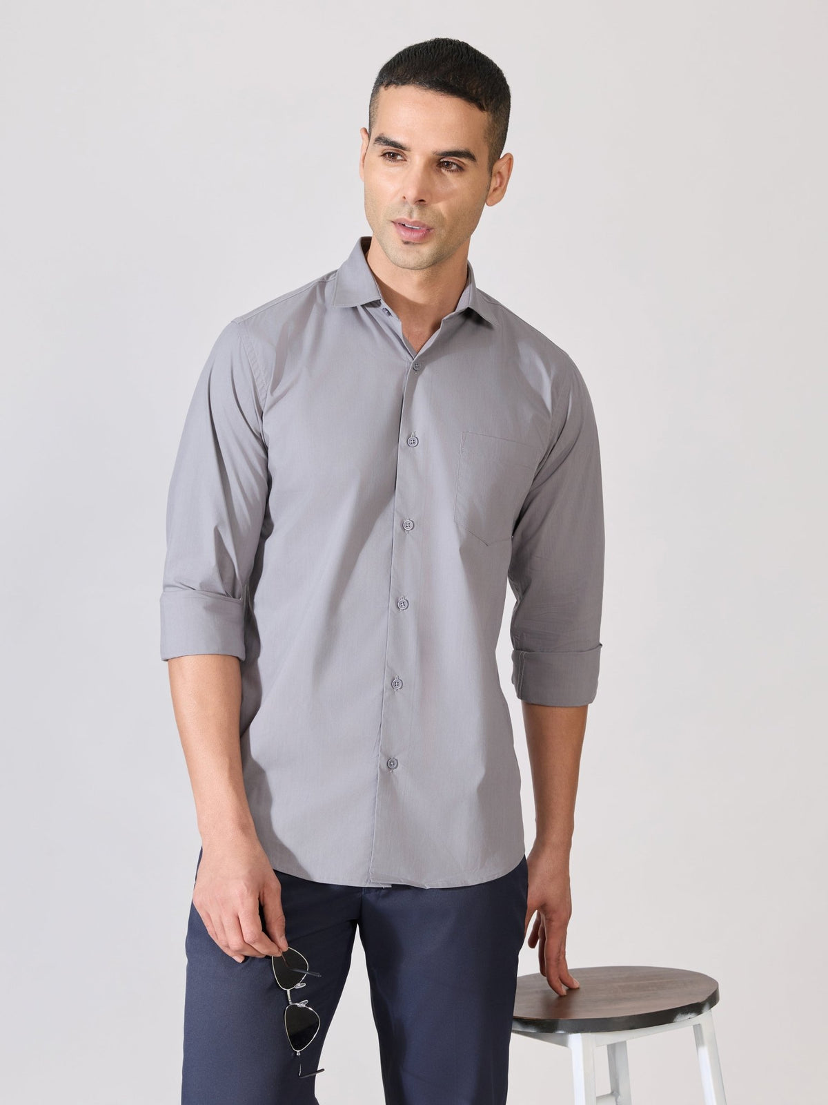 Valerius - Trim Fit Poplin Shirt - Grey - Espanshe
