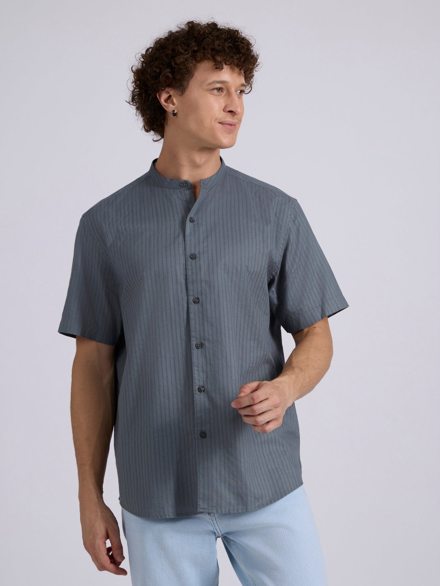 Zabriel - Band Collar Striped Shirt - Steel Blue - Espanshe