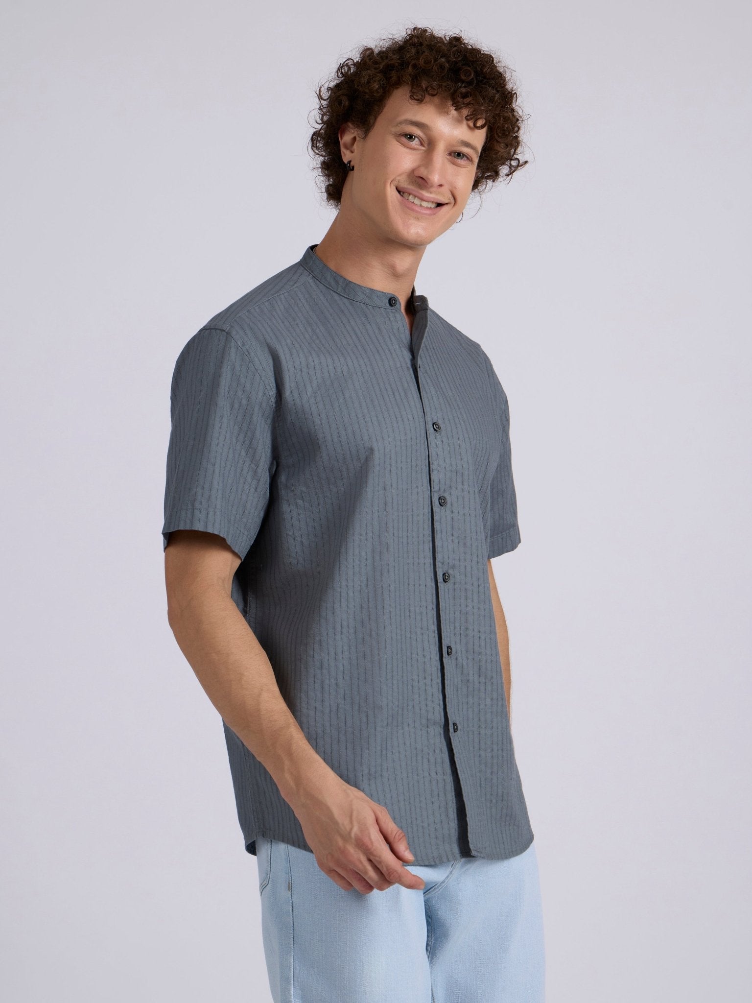 Zabriel - Band Collar Striped Shirt - Steel Blue - Espanshe