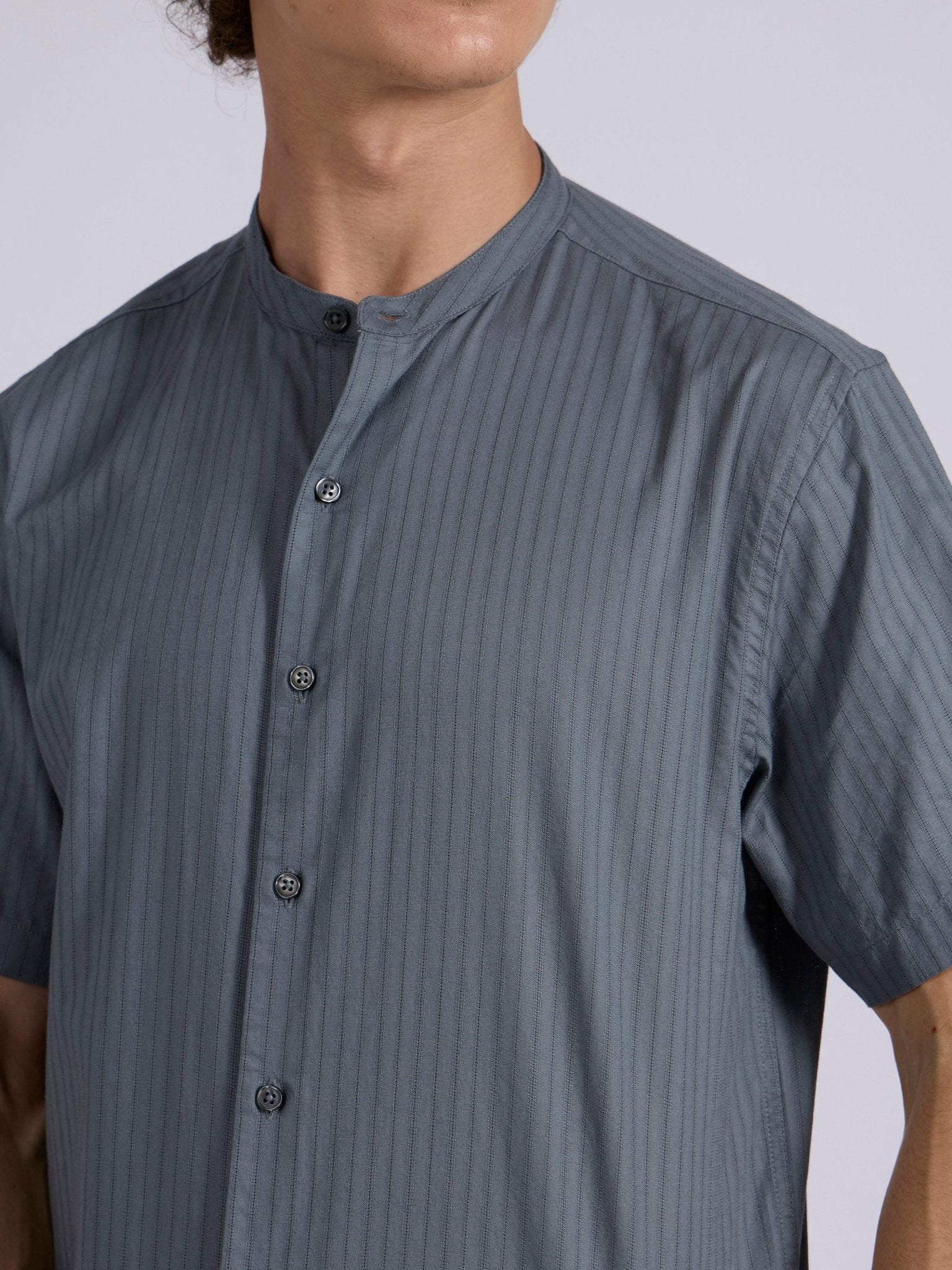 Zabriel - Band Collar Striped Shirt - Steel Blue - Espanshe