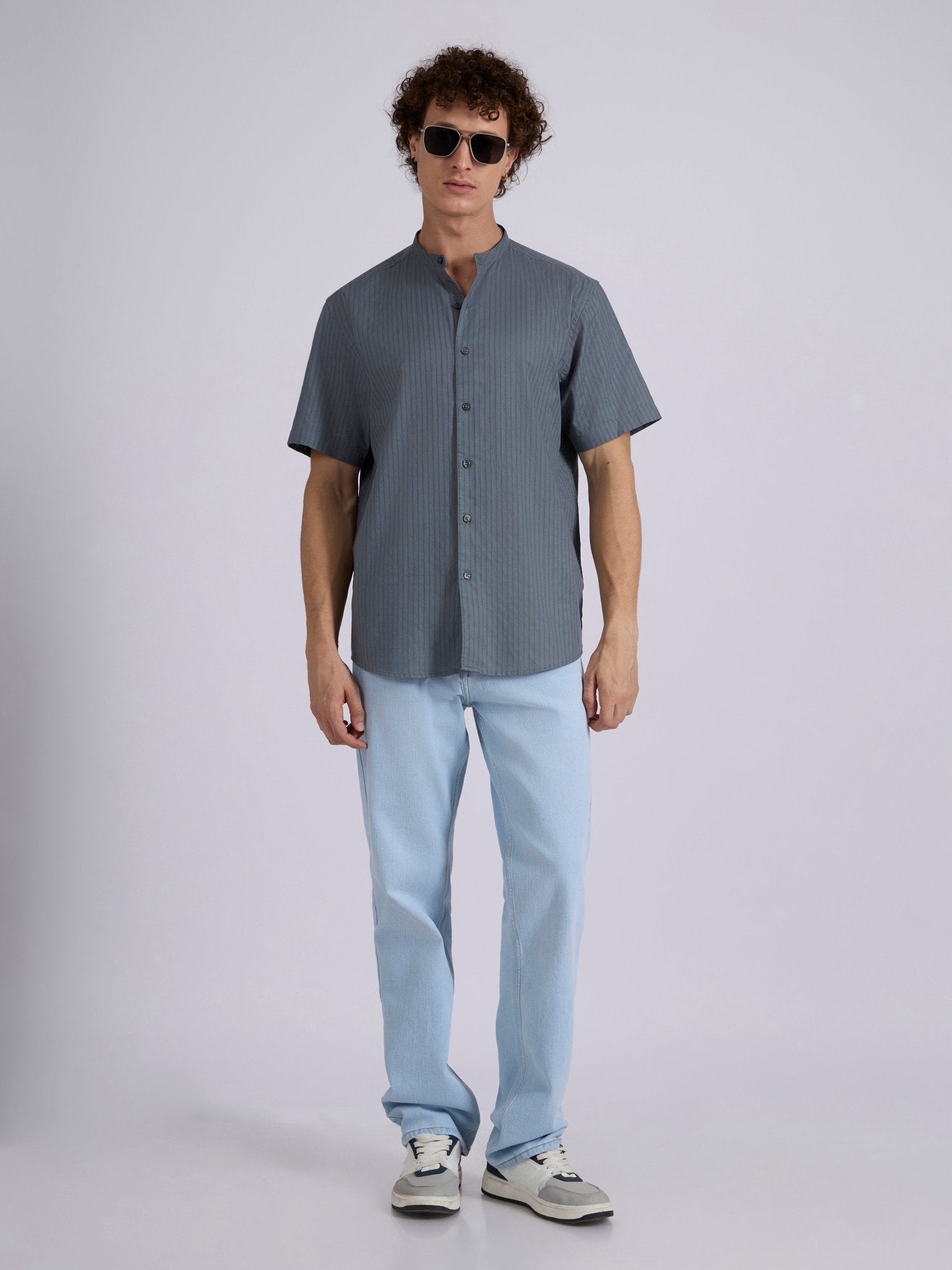 Zabriel - Band Collar Striped Shirt - Steel Blue - Espanshe
