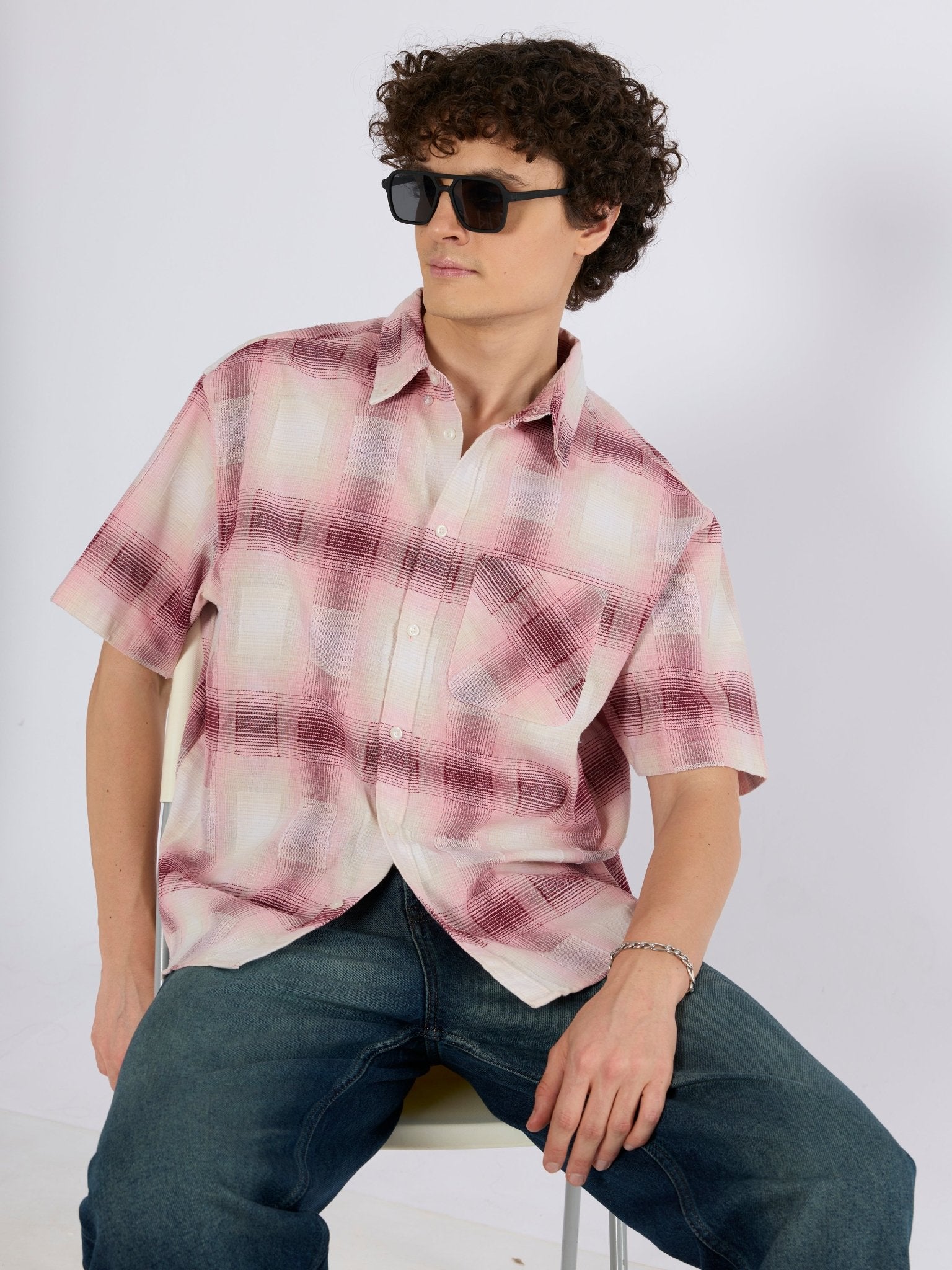 Orvar - Half Sleeve Checks Shirt - Pink - Espanshe