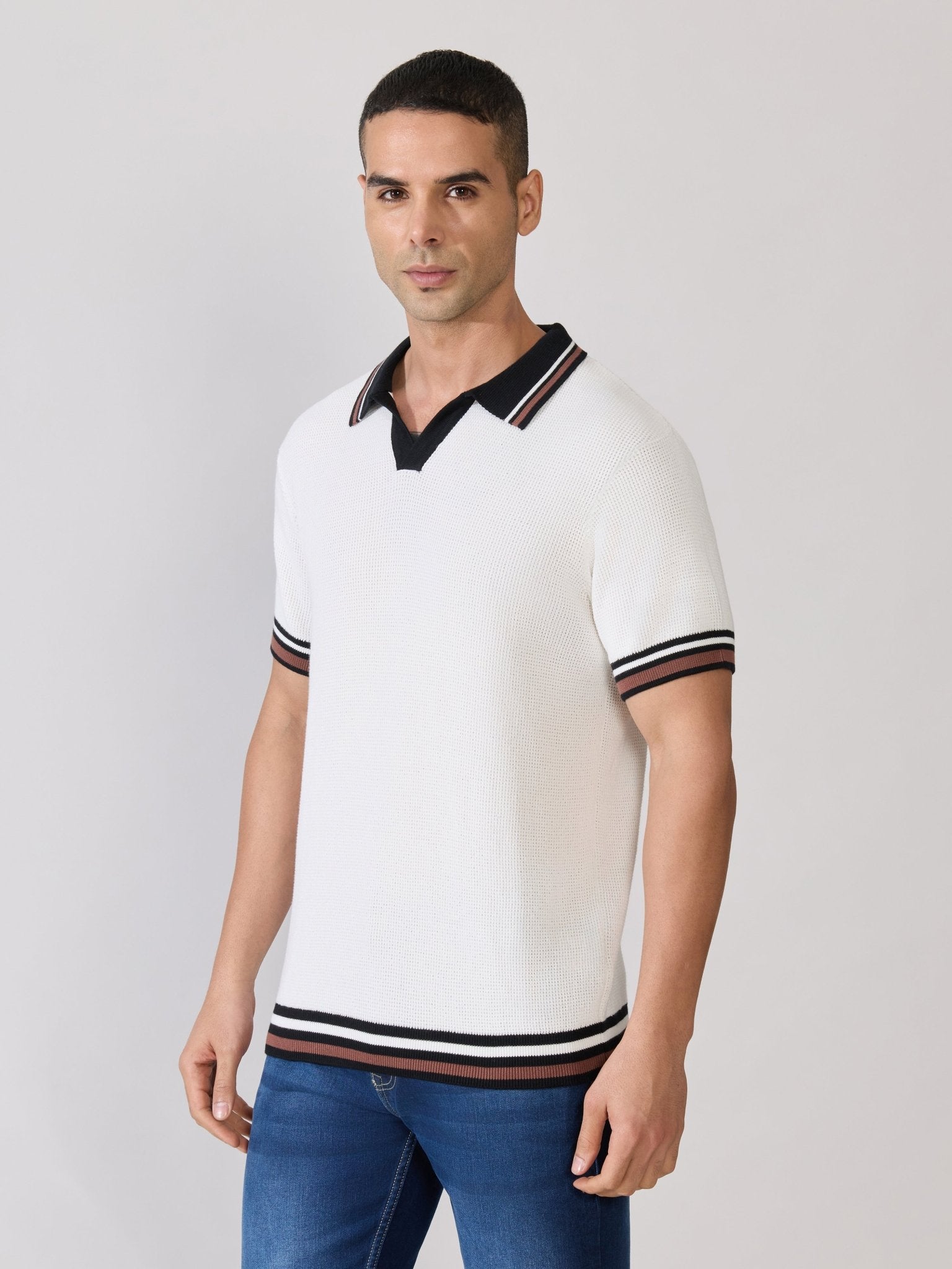 Kikeos-4 - Regular Fit Contrast Collar Knit Polo T-Shirt - White - Espanshe