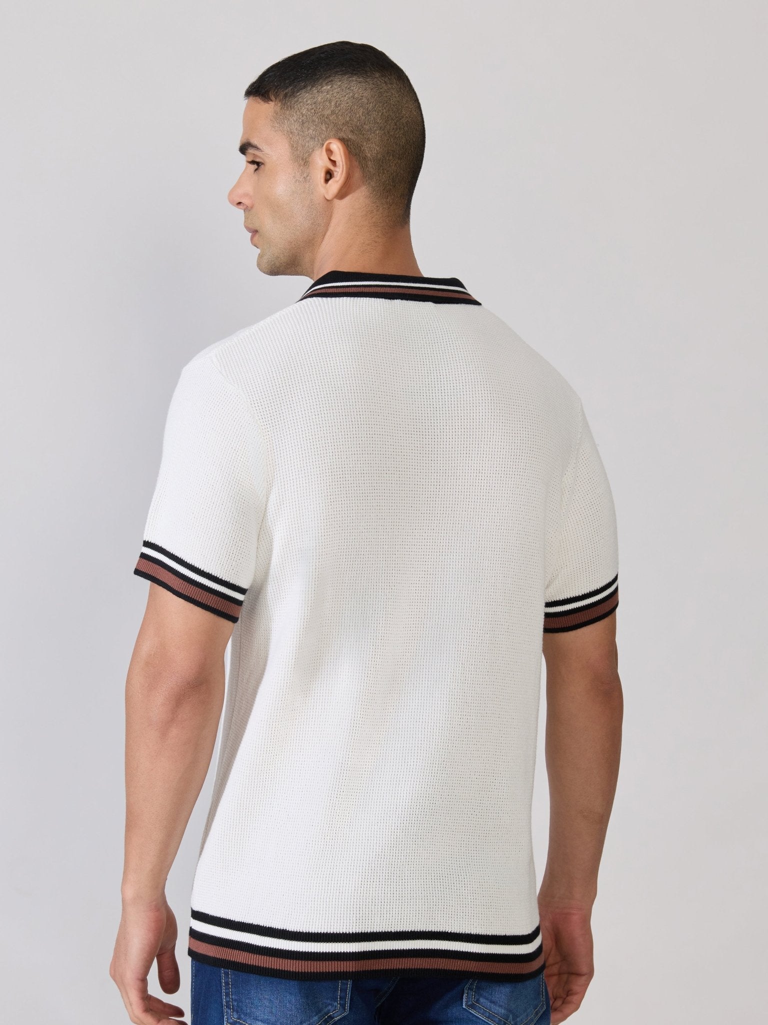 Kikeos-4 - Regular Fit Contrast Collar Knit Polo T-Shirt - White - Espanshe