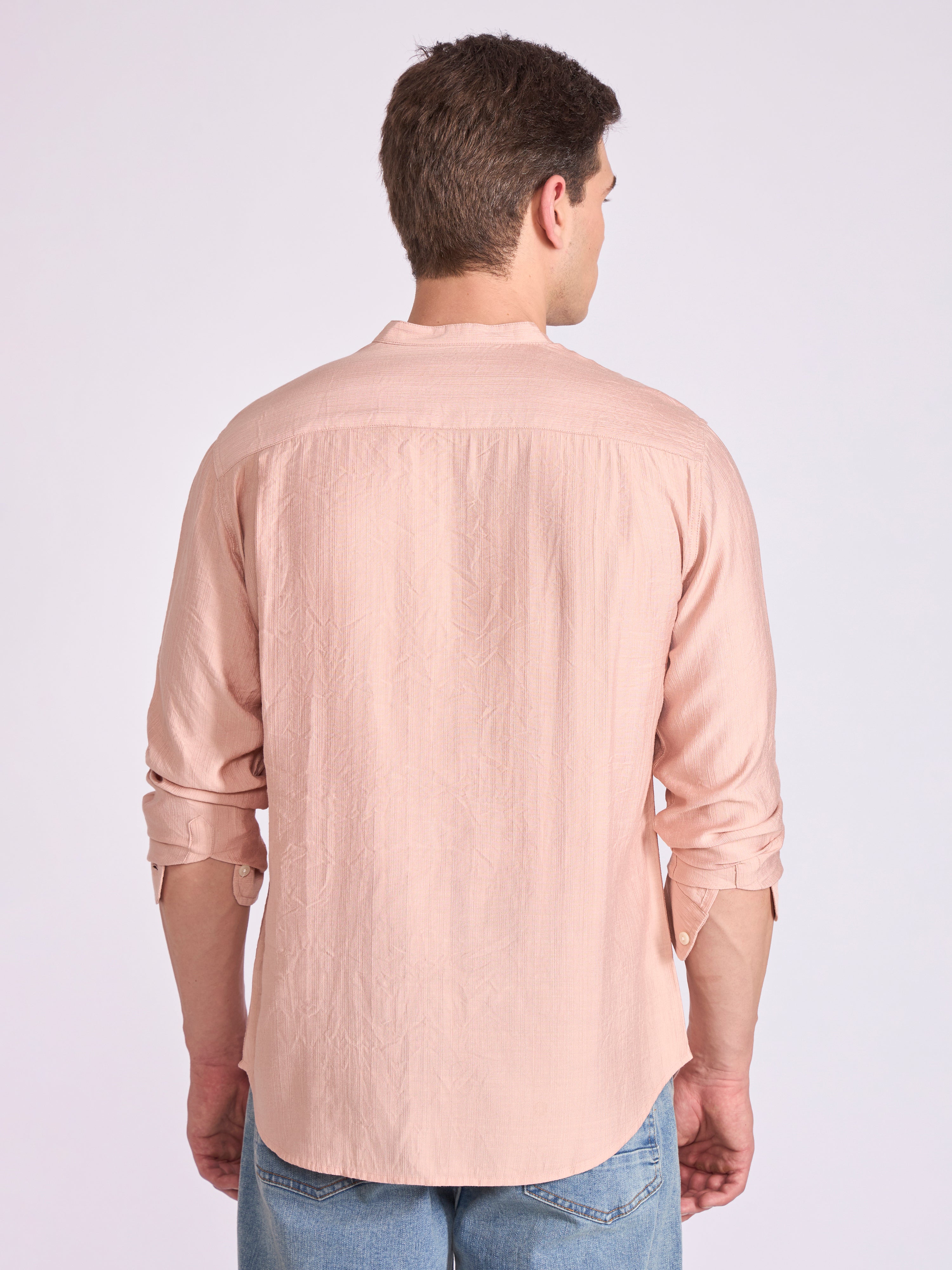 men's Mandarin Collar Plain Shirt - fawn