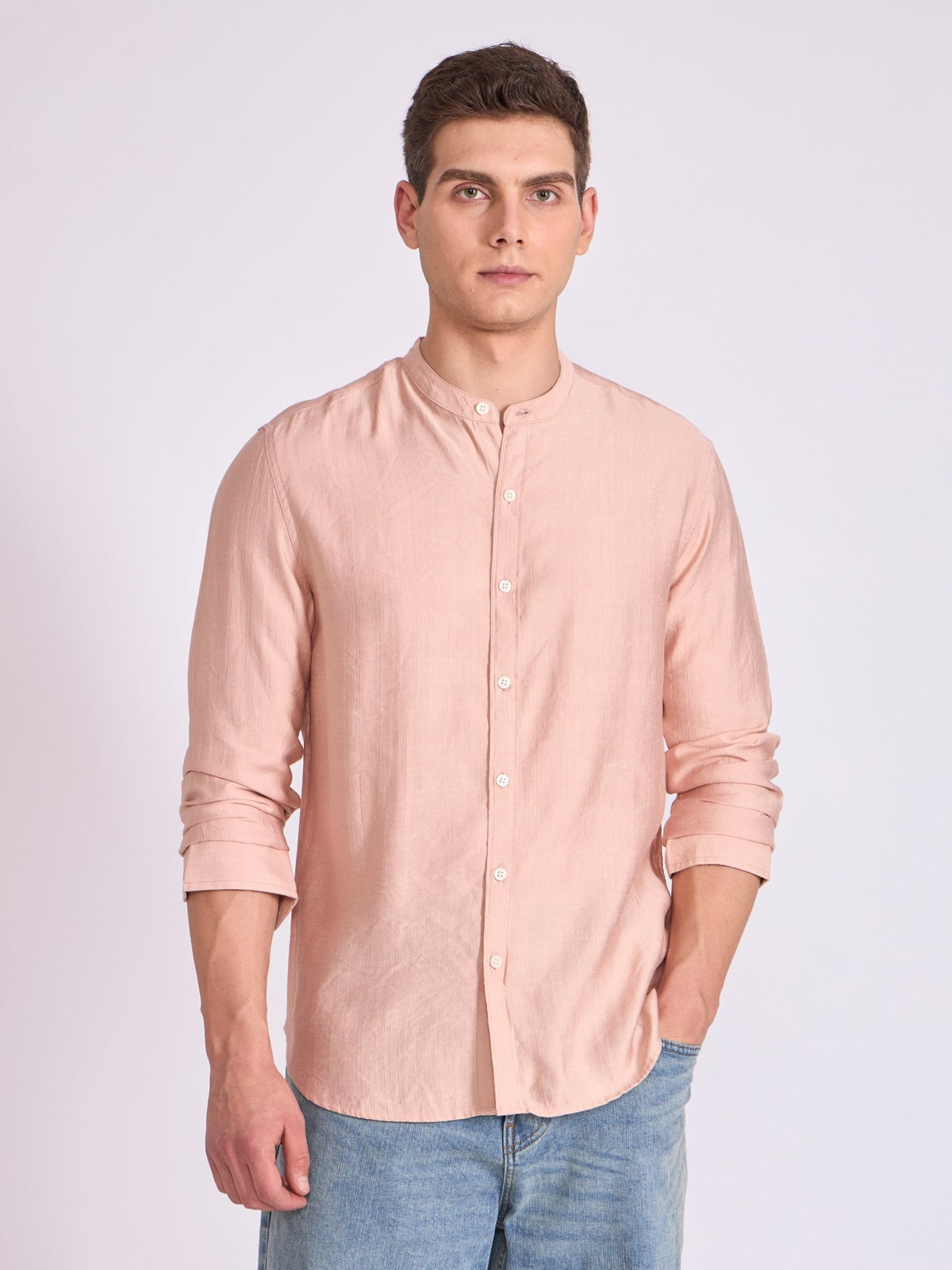 Pryor - Band Collar Plain Shirt - Fawn - Espanshe