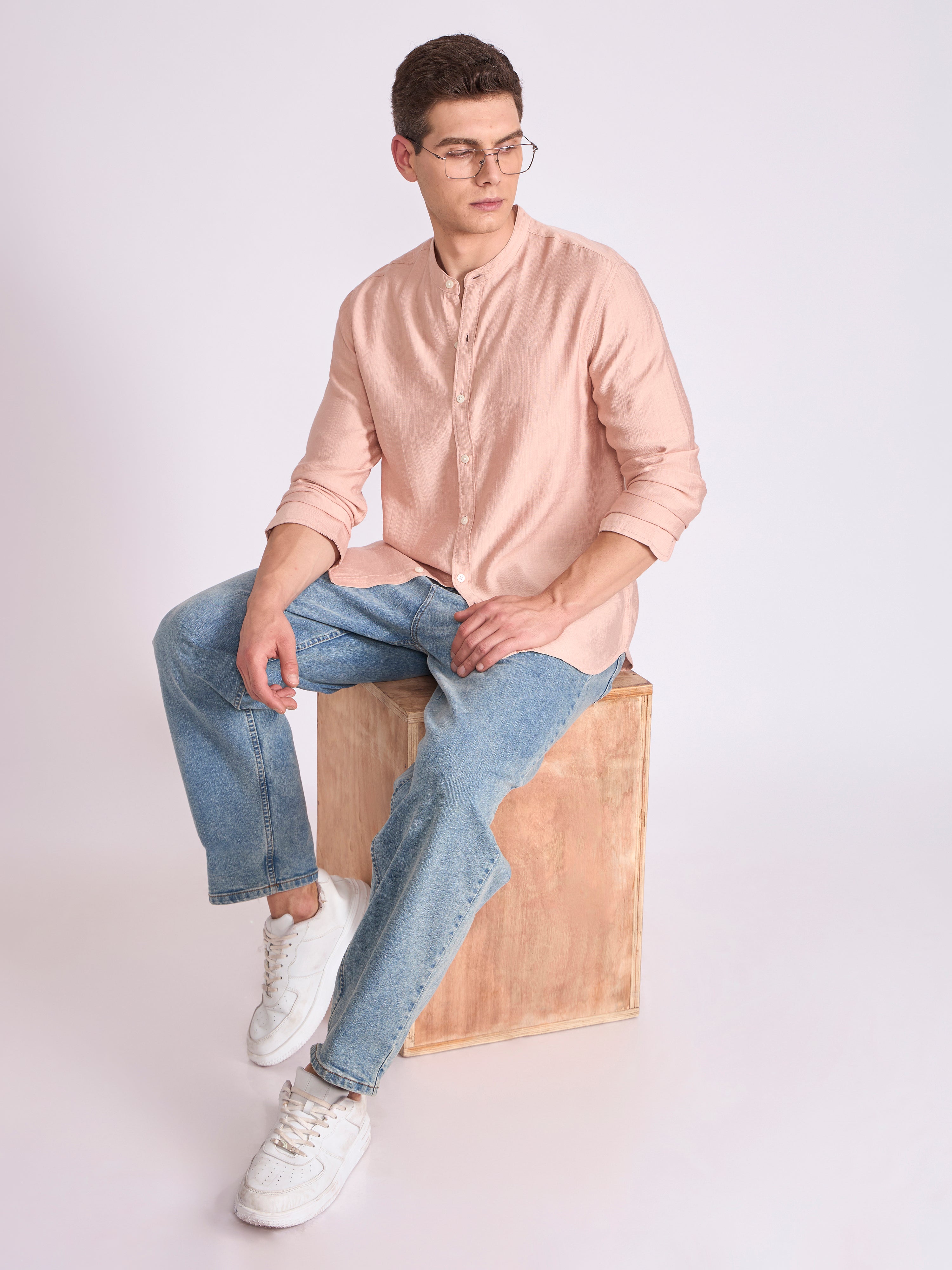 men's Mandarin Collar Plain Shirt - fawn