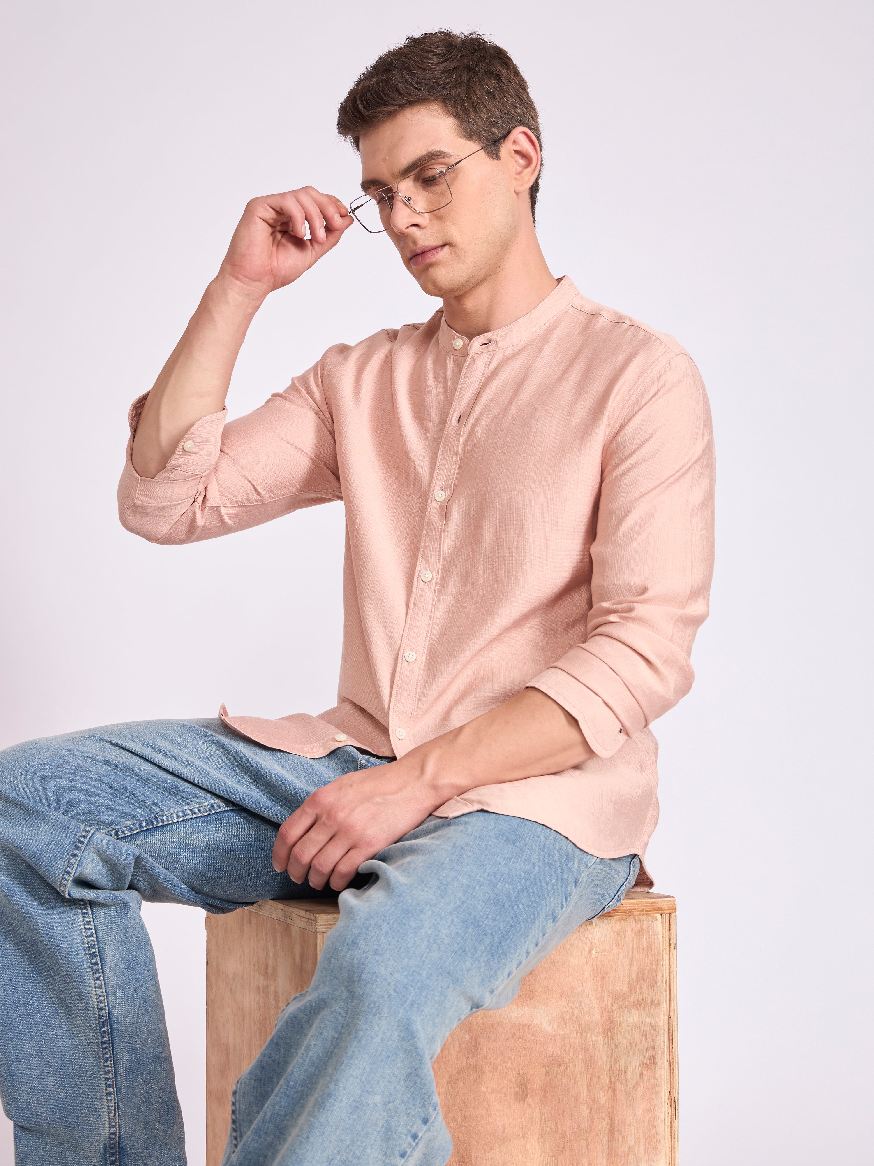 men's Mandarin Collar Plain Shirt - fawn