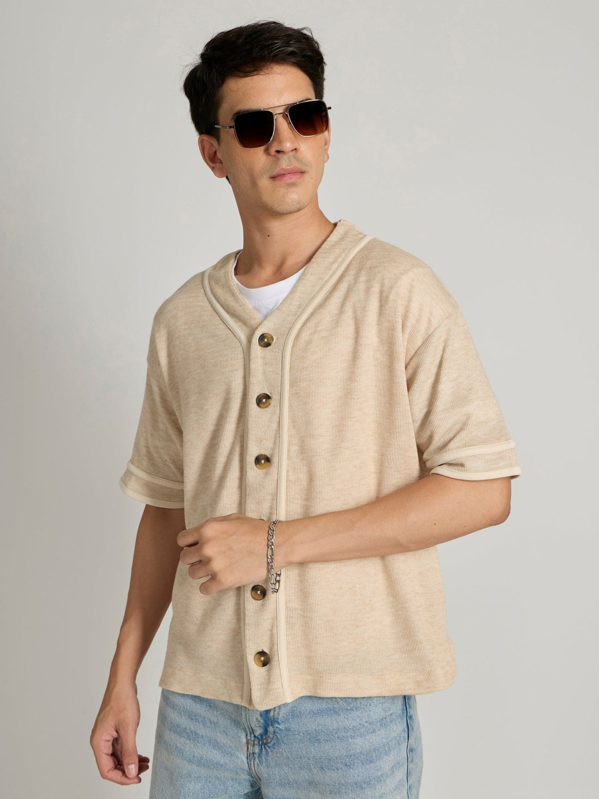 Jovanti - Loose Fit Baseball Shirt - Cream - Espanshe