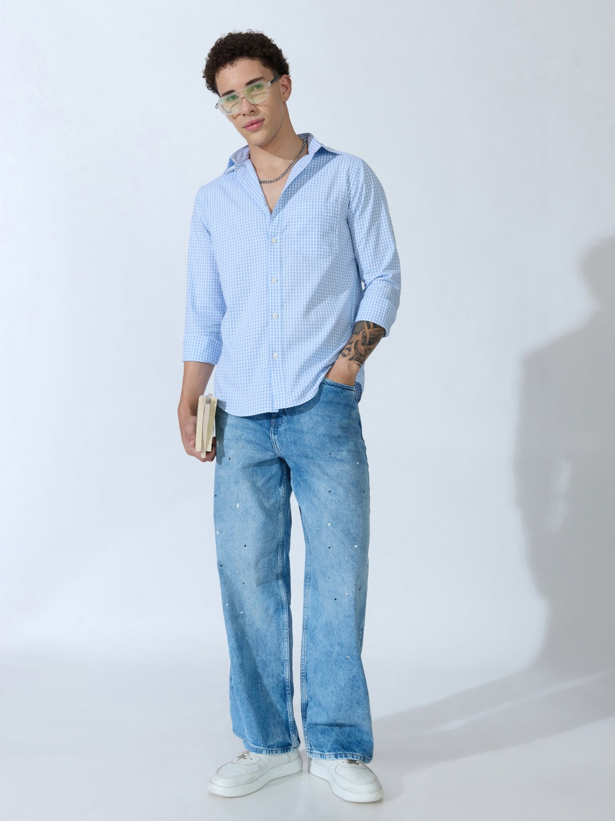Sara - 100% Cotton Gingham Shirt - Light Blue - Espanshe
