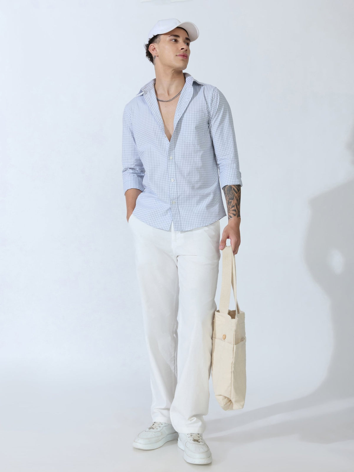 Sara - 100% Cotton Gingham Shirt - Light Grey - Espanshe