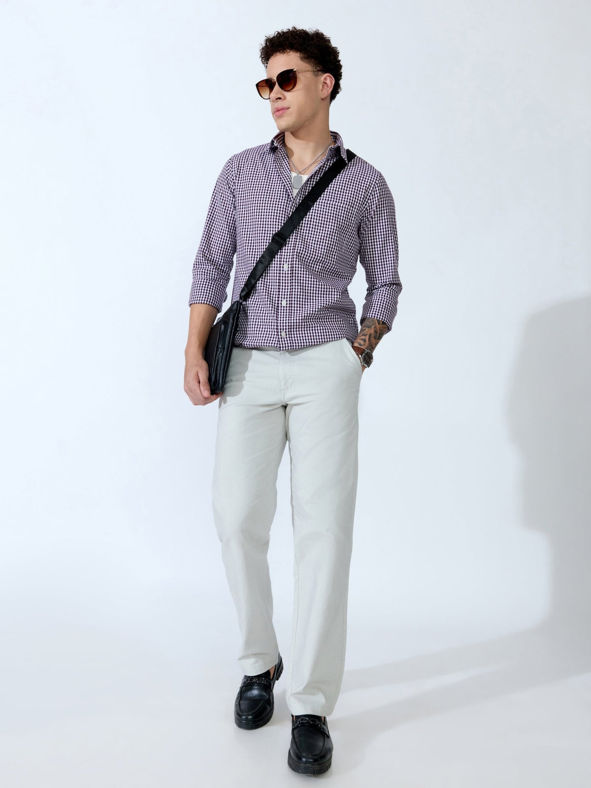 Sara - 100% Cotton Gingham Shirt - Wine - Espanshe