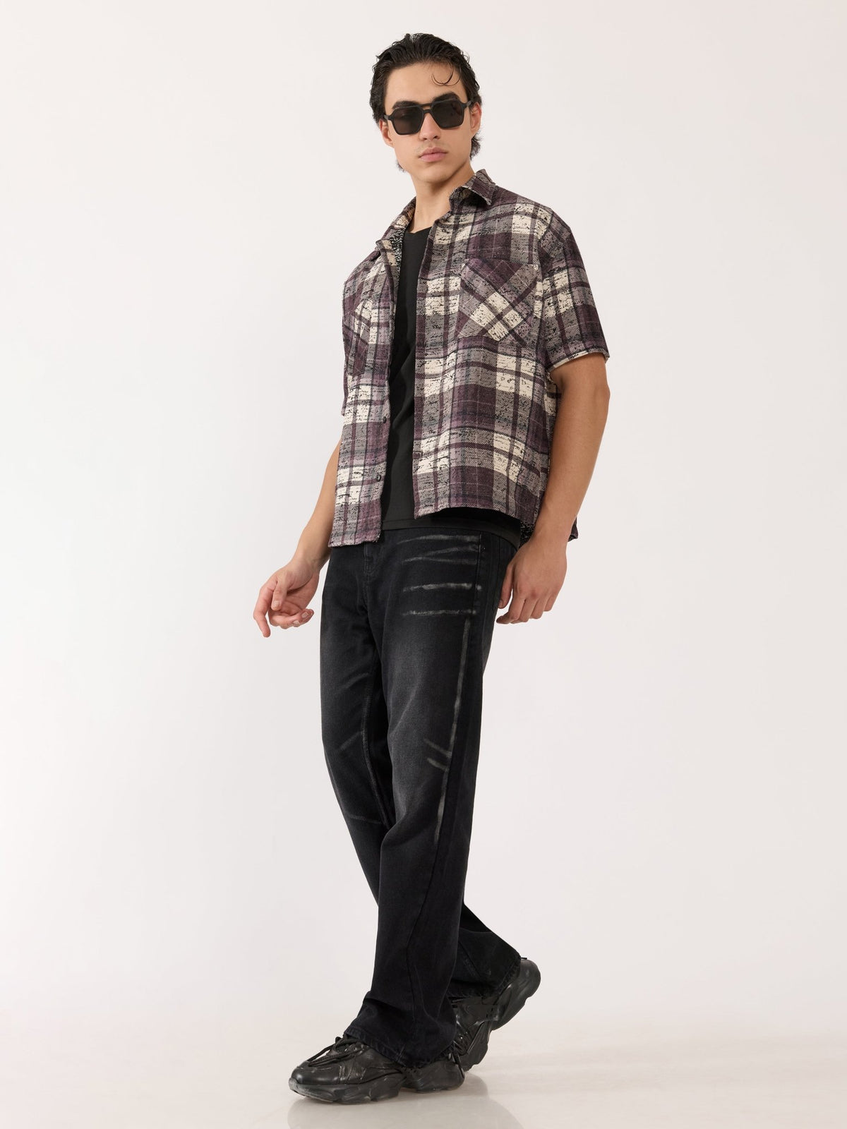 Temito - Oversized Halfsleeve Check Shirt - Raisin Purple - Espanshe