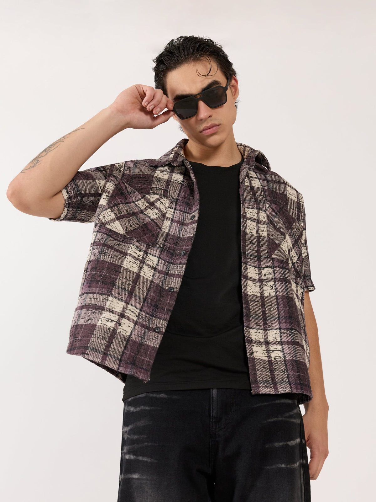 Temito - Oversized Halfsleeve Check Shirt - Raisin Purple - Espanshe