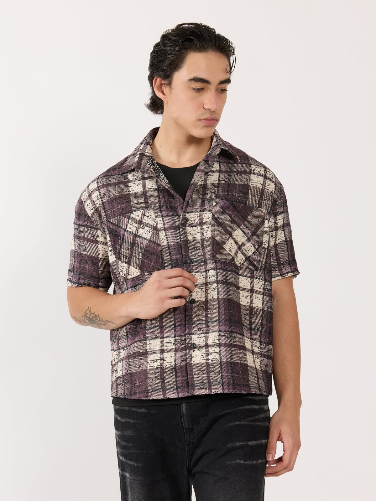 Temito - Oversized Halfsleeve Check Shirt - Raisin Purple - Espanshe