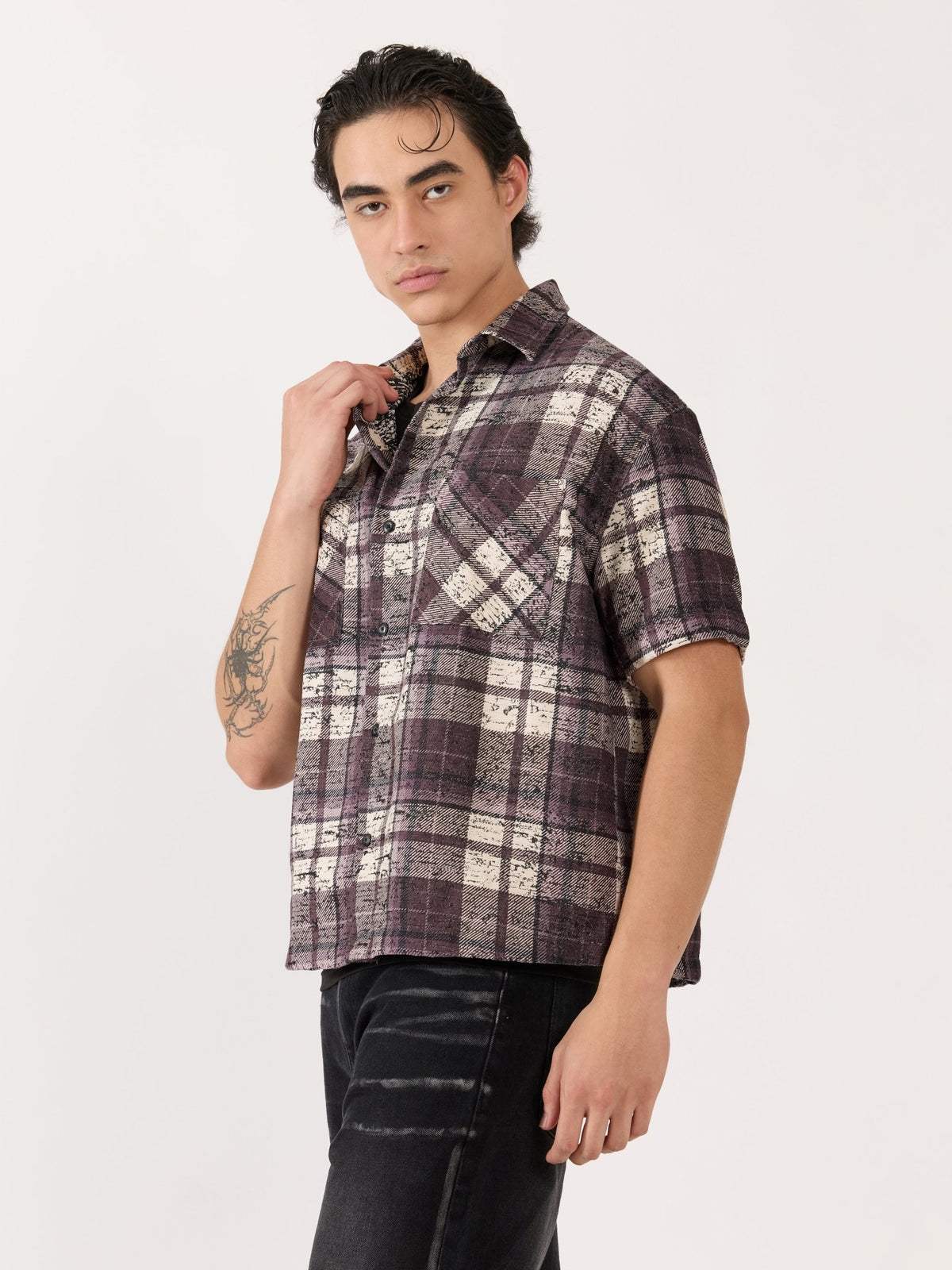 Temito - Oversized Halfsleeve Check Shirt - Raisin Purple - Espanshe