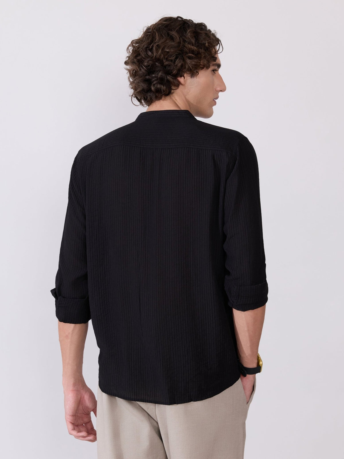 Yometo - Striped Band Neck Shirt - Black - Espanshe