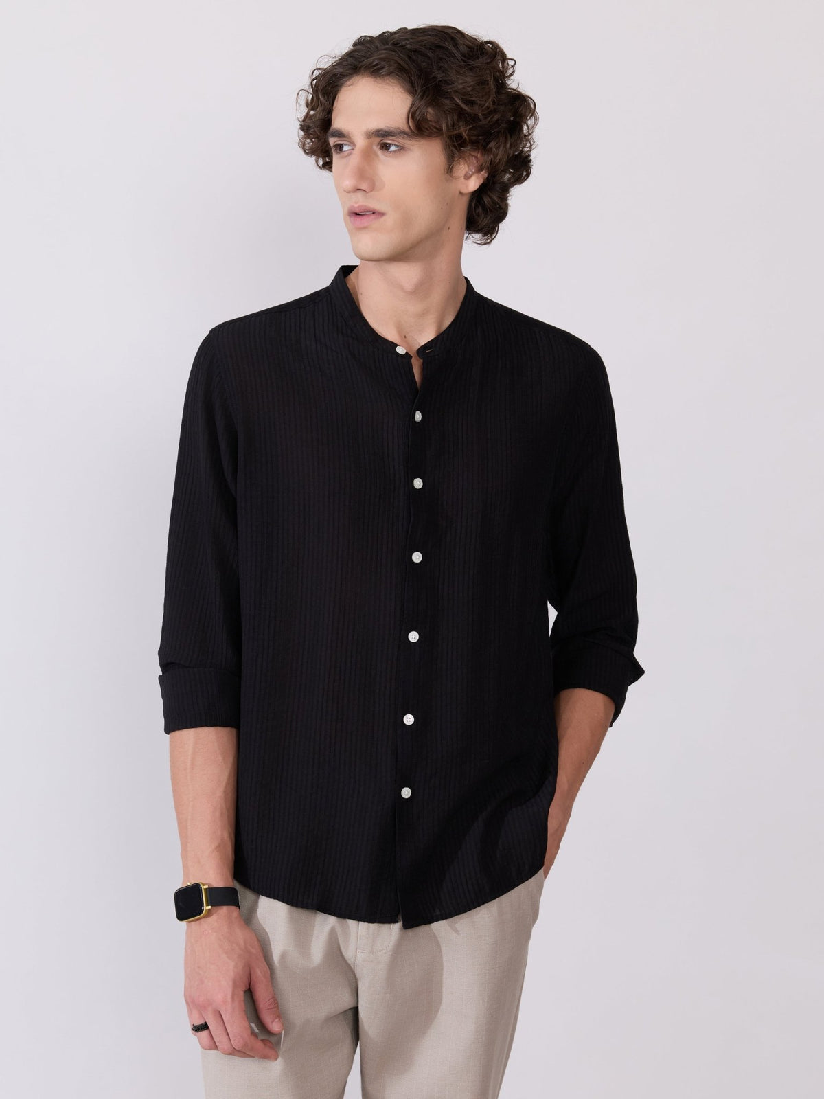 Yometo - Striped Band Neck Shirt - Black - Espanshe