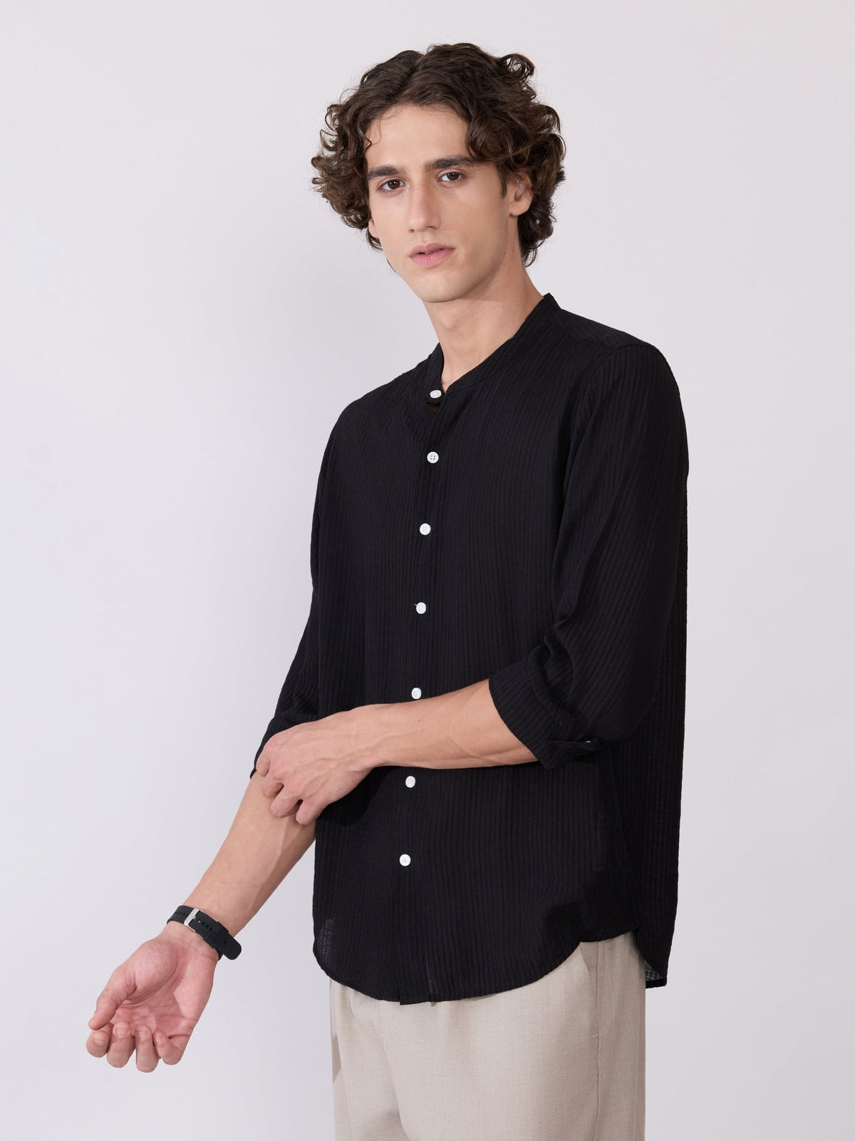 Yometo - Striped Band Neck Shirt - Black - Espanshe