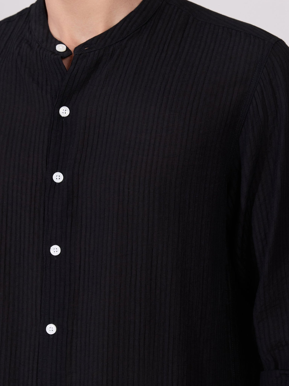 Yometo - Striped Band Neck Shirt - Black - Espanshe
