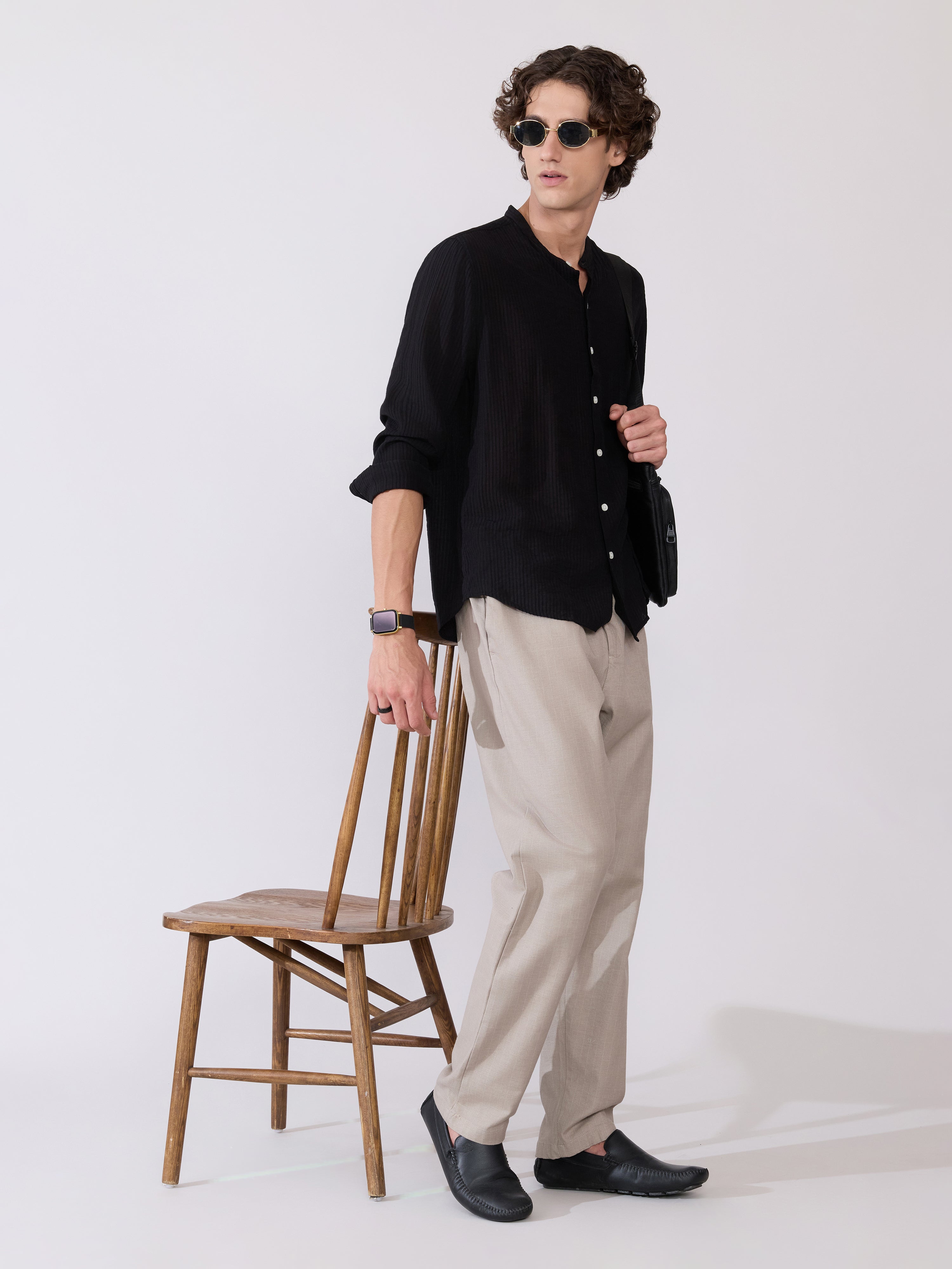 Yometo - Striped Band Neck Shirt - Black