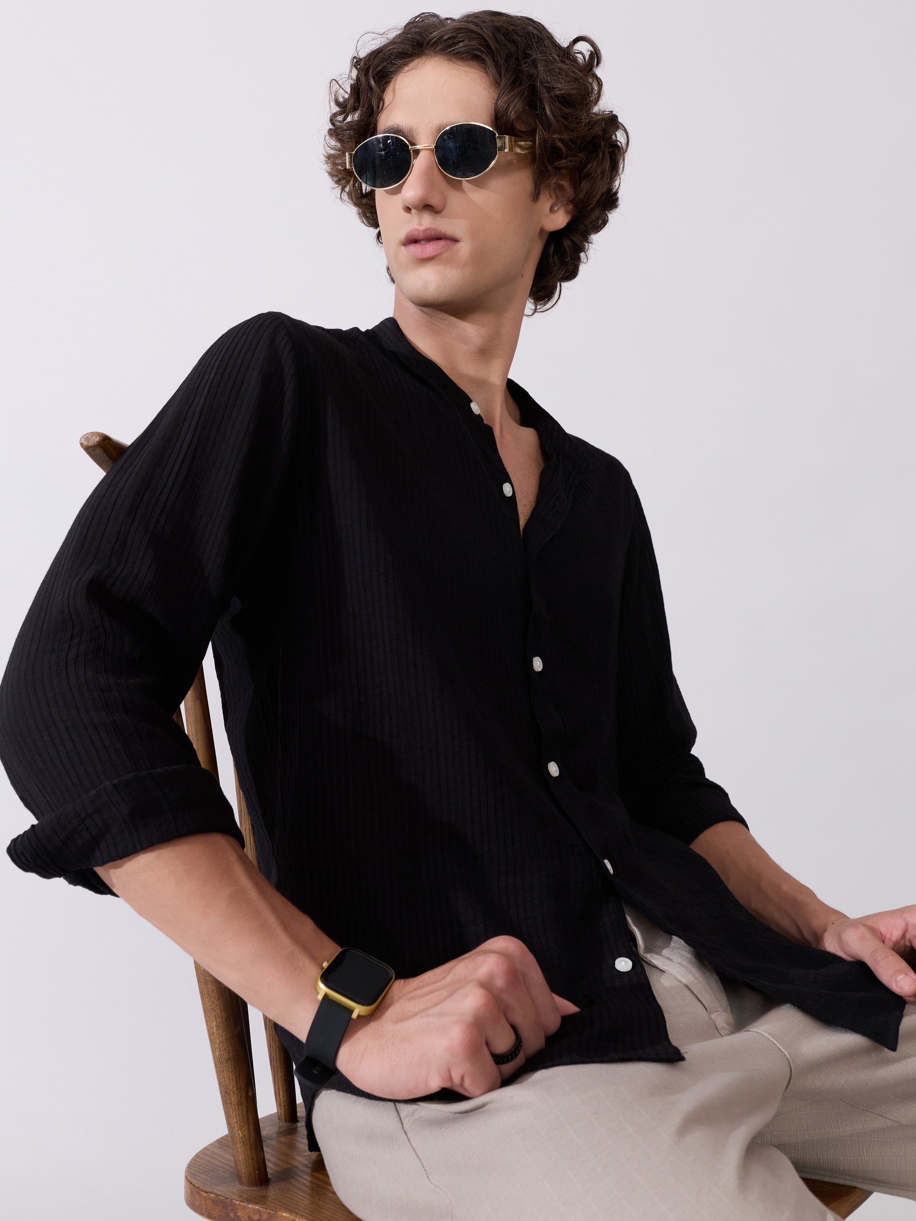 Yometo - Striped Band Neck Shirt - Black