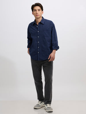 Cullen - men's Casual Striped Shirt - Navy Blue color