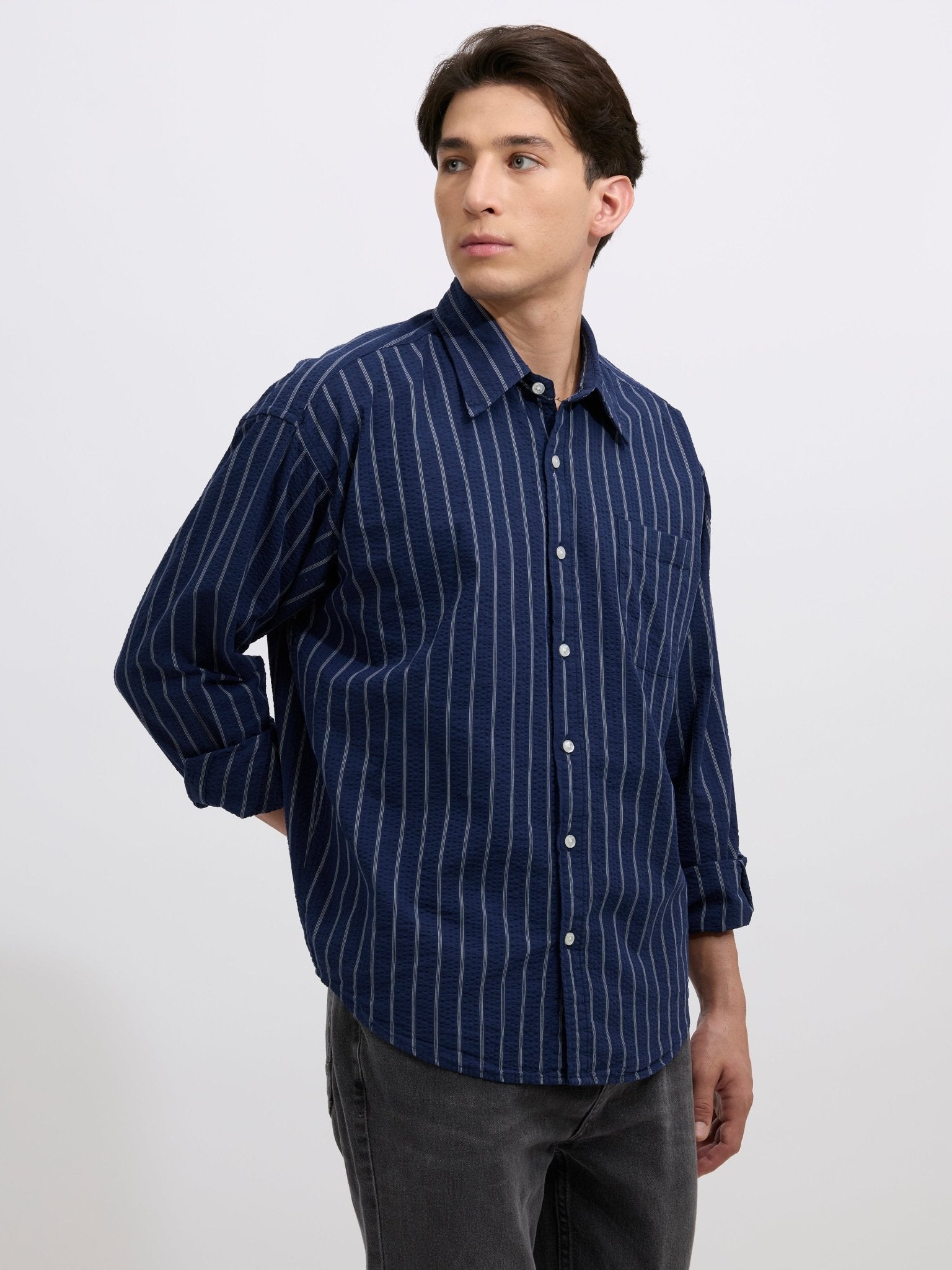 Cullen - Casual Striped Shirt - Navy Blue - Espanshe