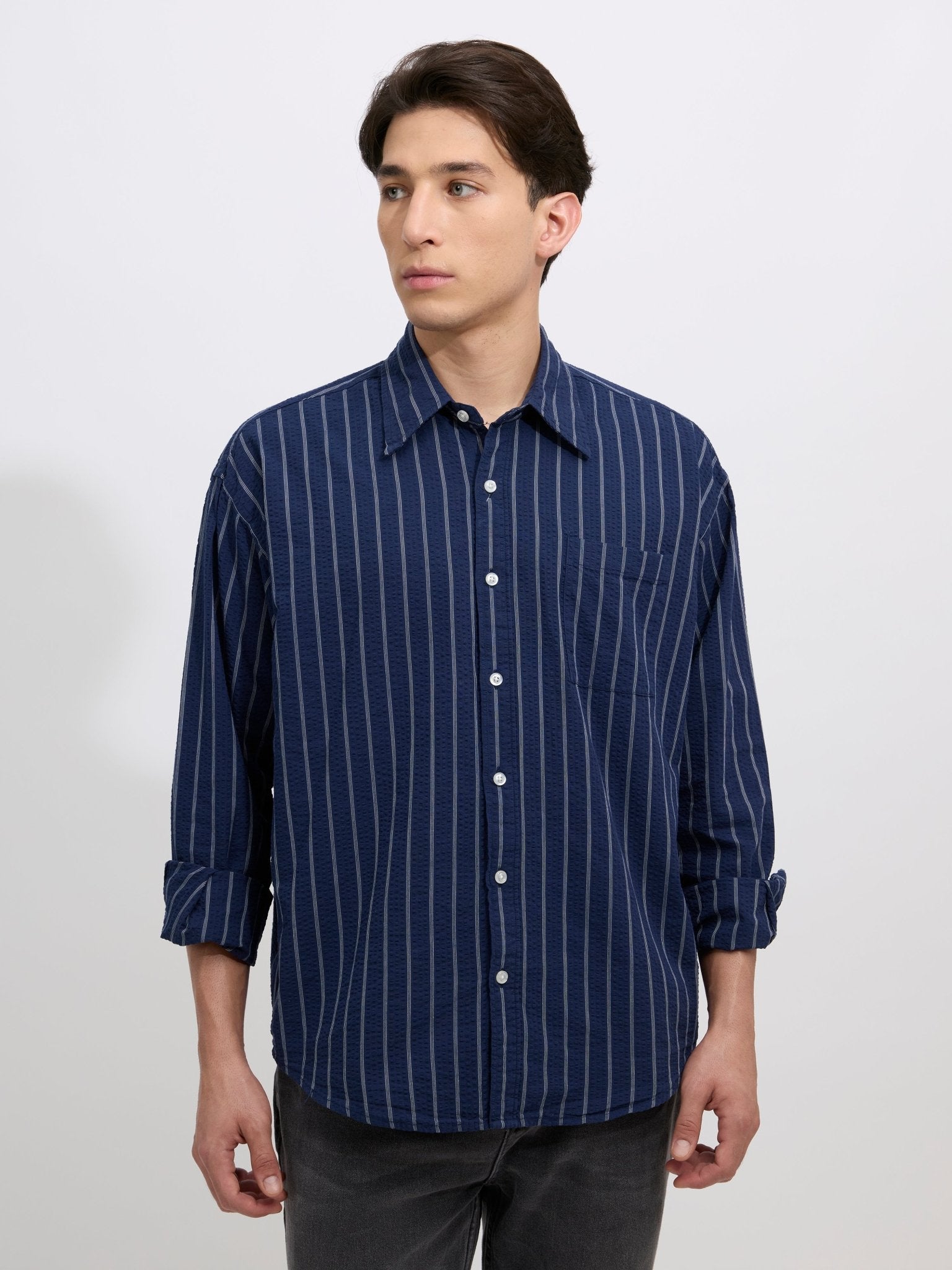 Cullen - Casual Striped Shirt - Navy Blue - Espanshe