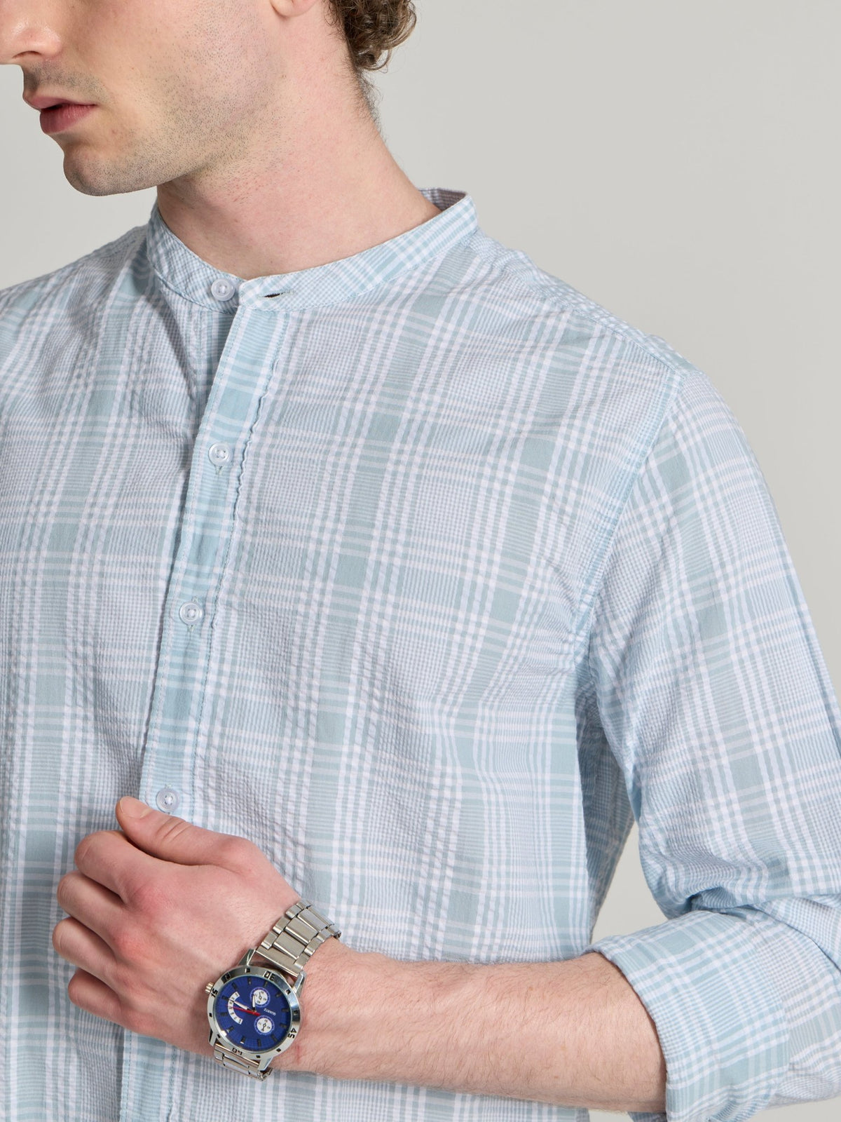 Hadrian - Band Collar Checks Shirt - Blue - Espanshe