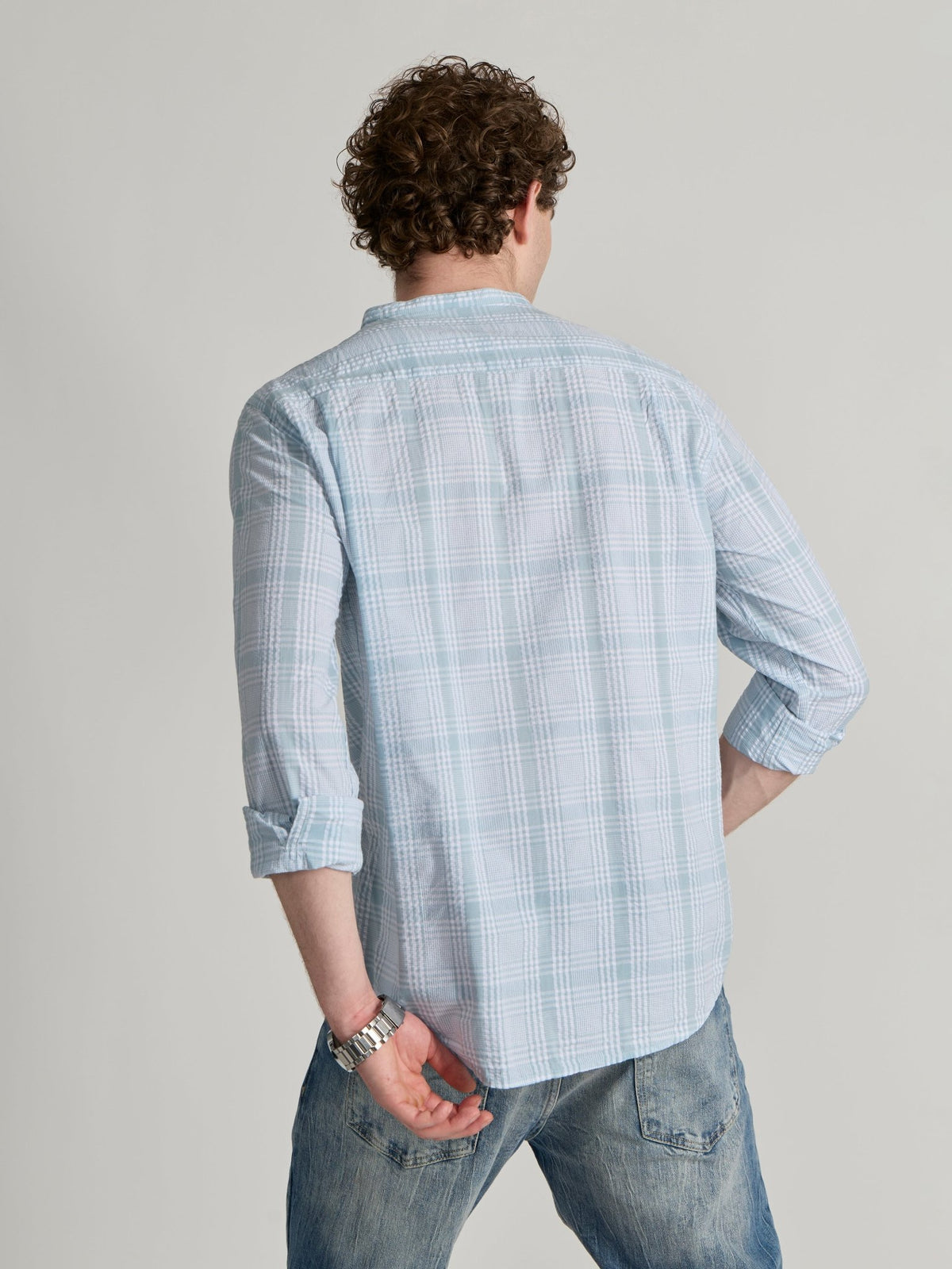 Hadrian - Band Collar Checks Shirt - Blue - Espanshe