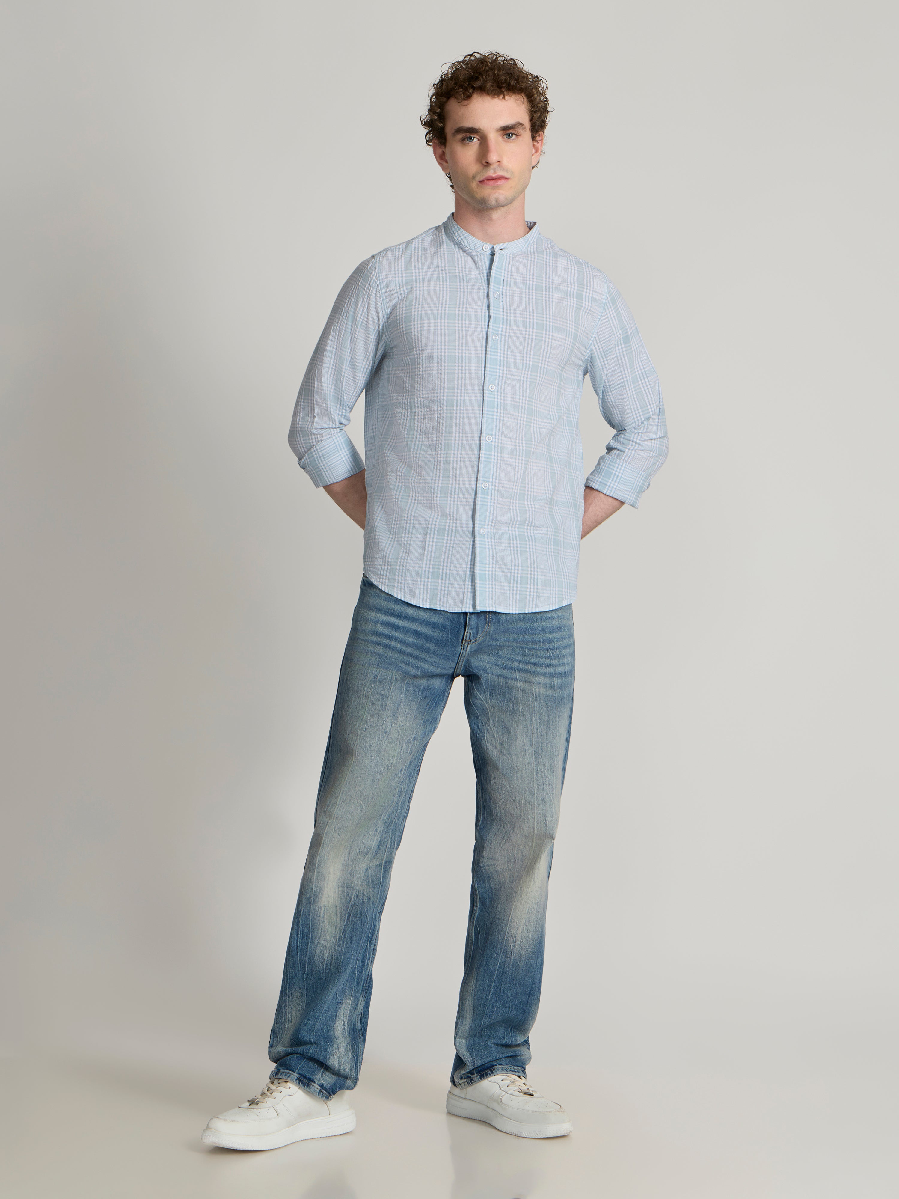 Men's Band Collar Checks Shirt in Blue