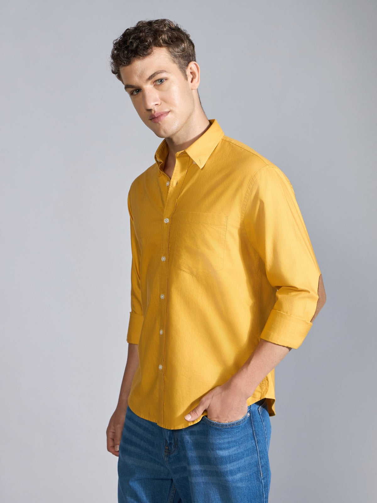 Orbit - Relaxed Fit Oxford Shirt With Elbow Patch - Yellow - Espanshe