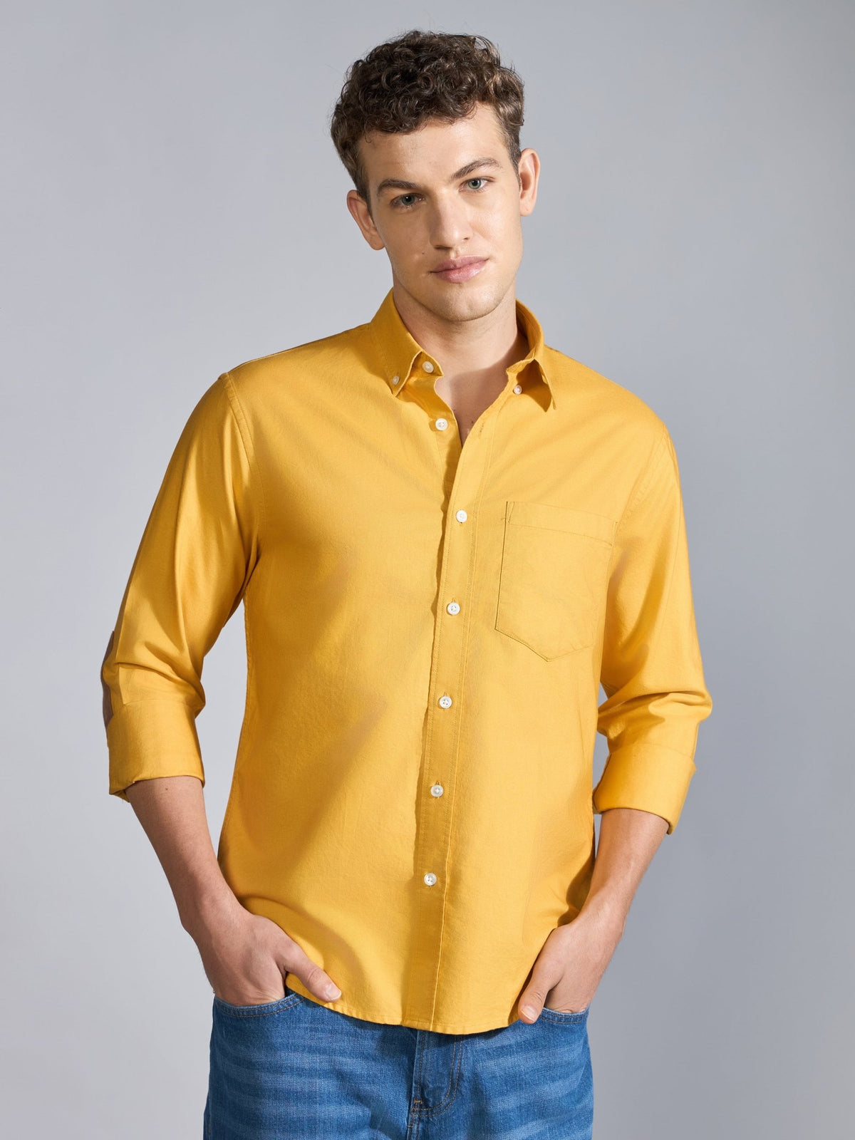 Orbit - Relaxed Fit Oxford Shirt With Elbow Patch - Yellow - Espanshe