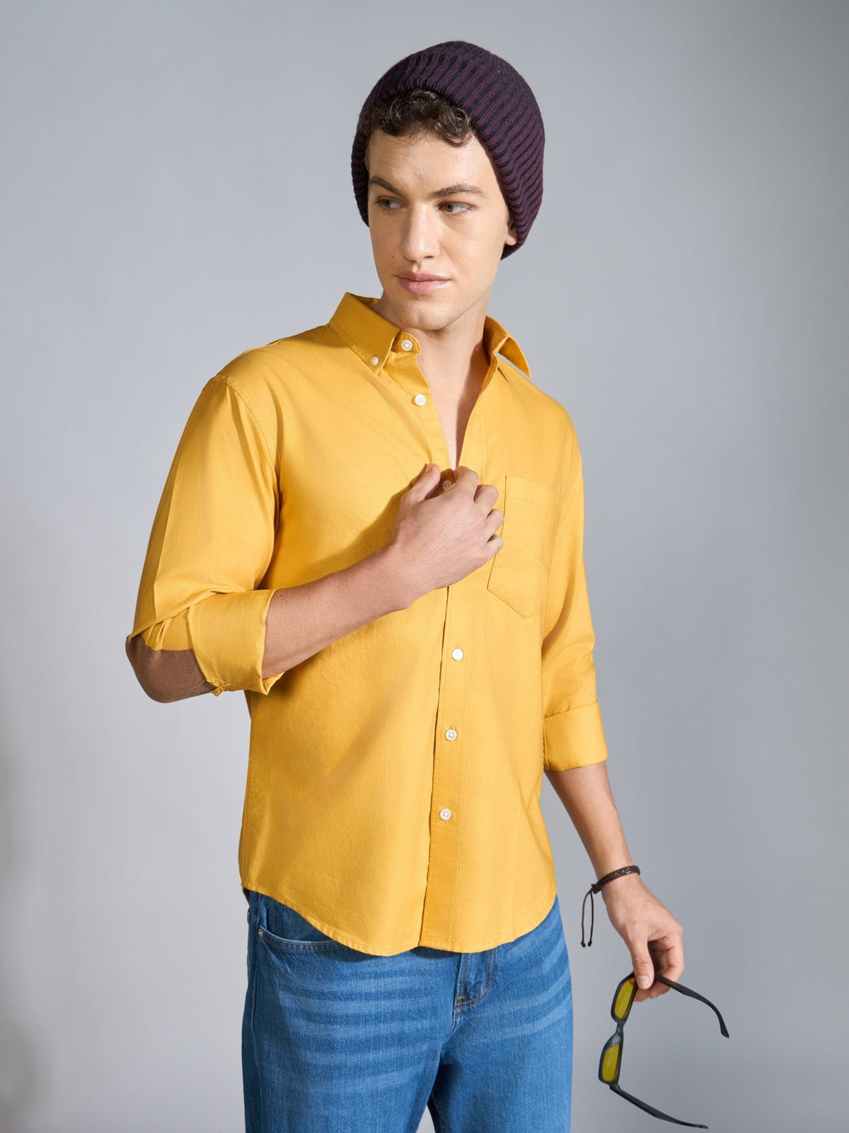 Orbit - Relaxed Fit Oxford Shirt With Elbow Patch - Yellow - Espanshe