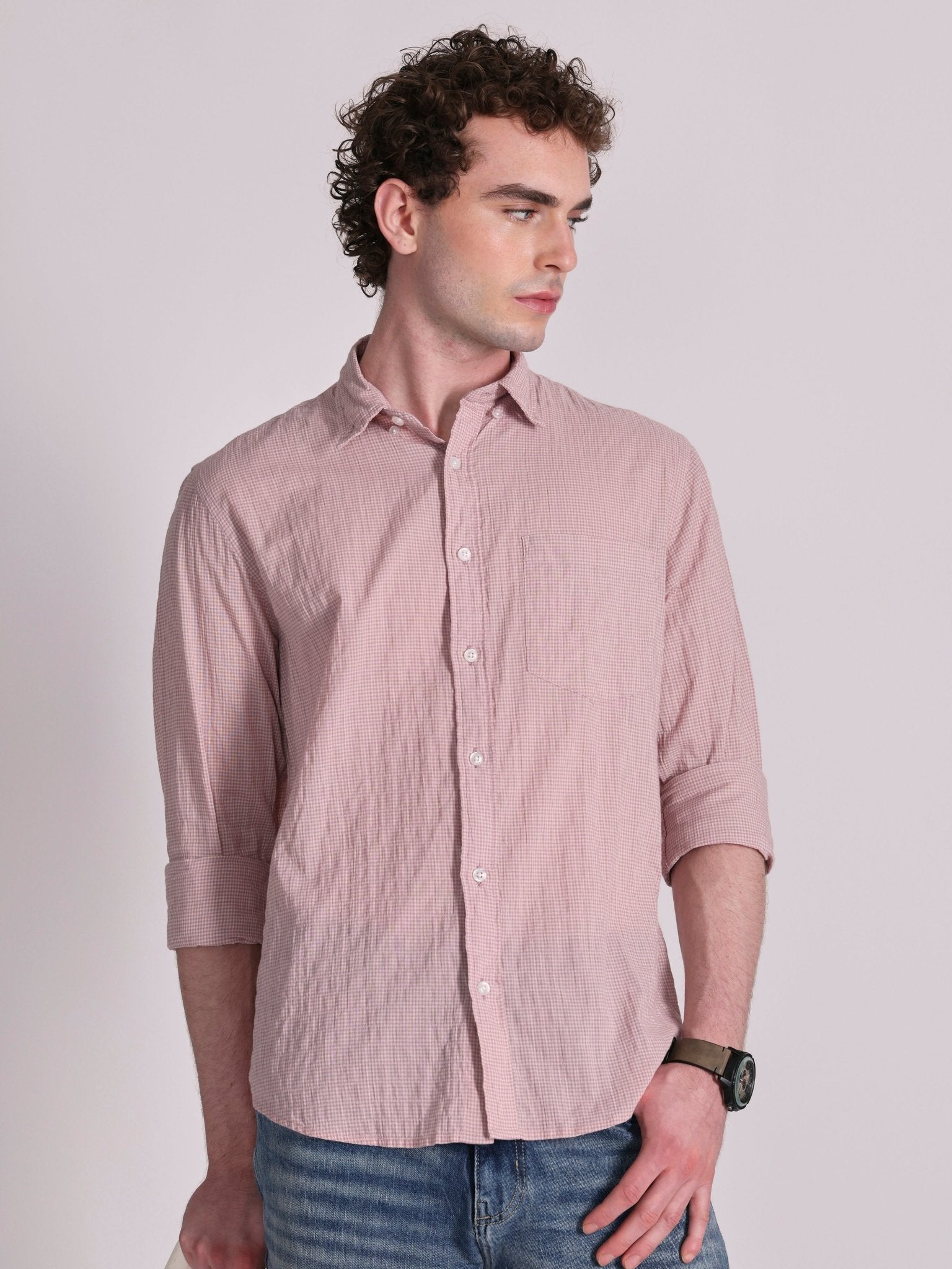 Dashiell - Crinkled Checked Shirt - Light Pink - Espanshe